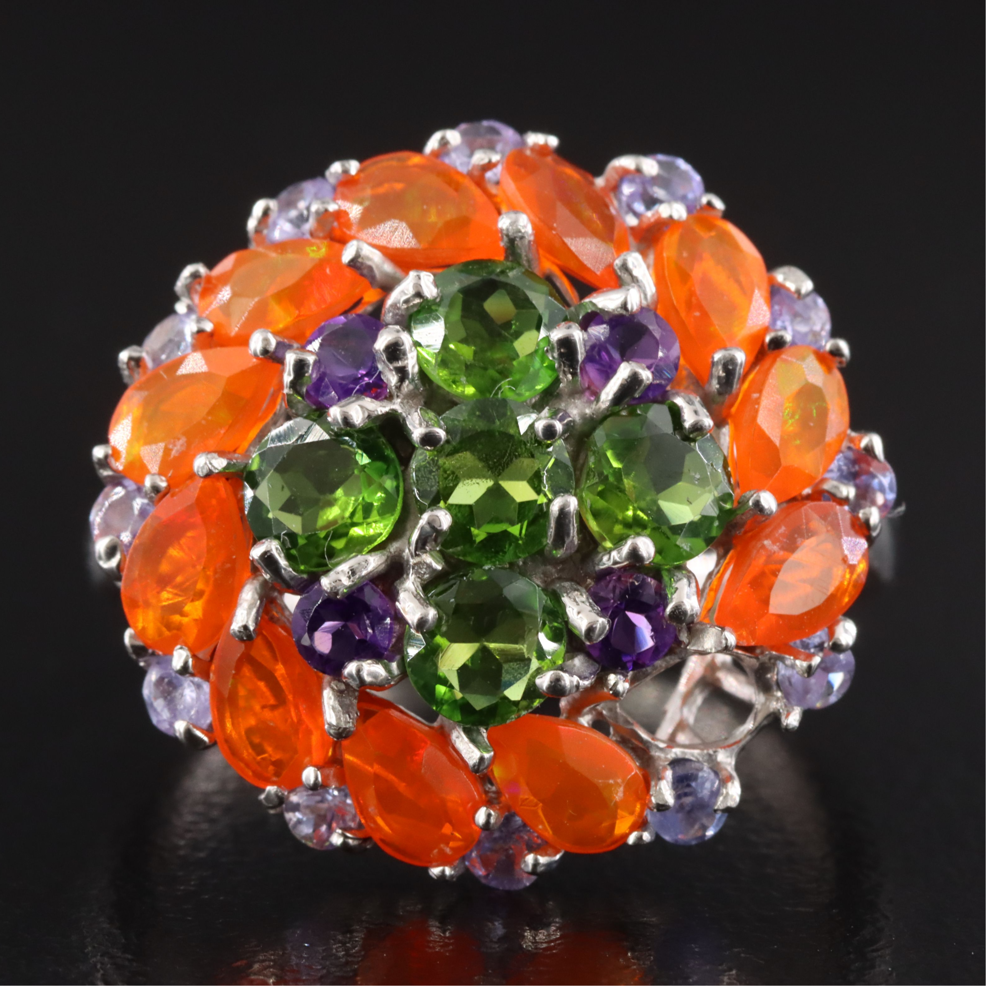 Sterling Fire Opal and Gemstone Floral Cluster Ring