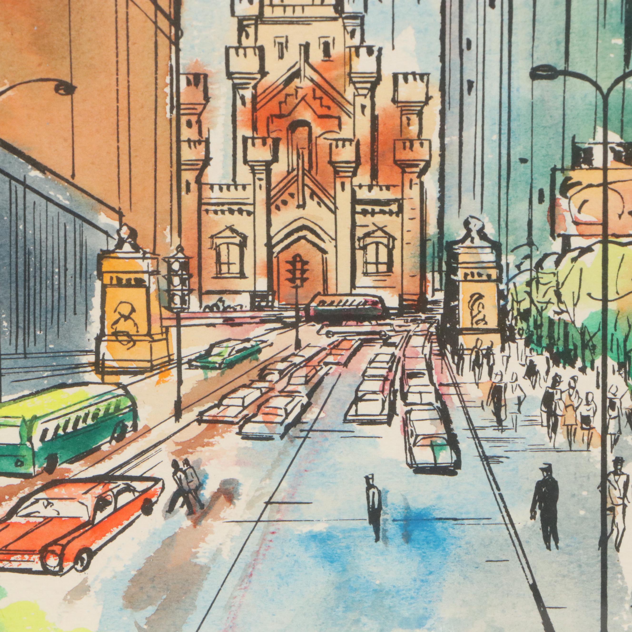 James Axelrod Style Ink and Watercolor Painting of Chicago Skyline