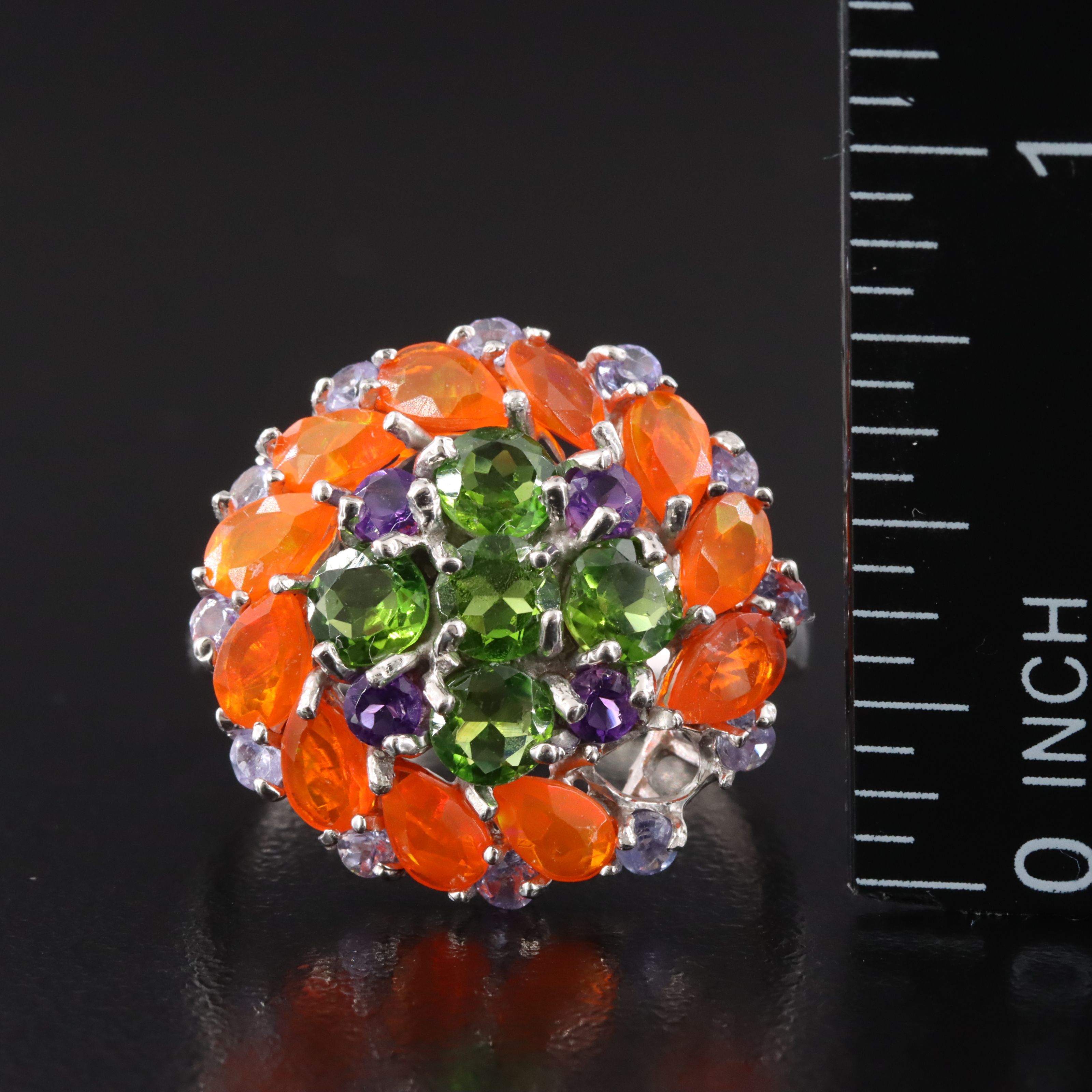 Sterling Fire Opal and Gemstone Floral Cluster Ring