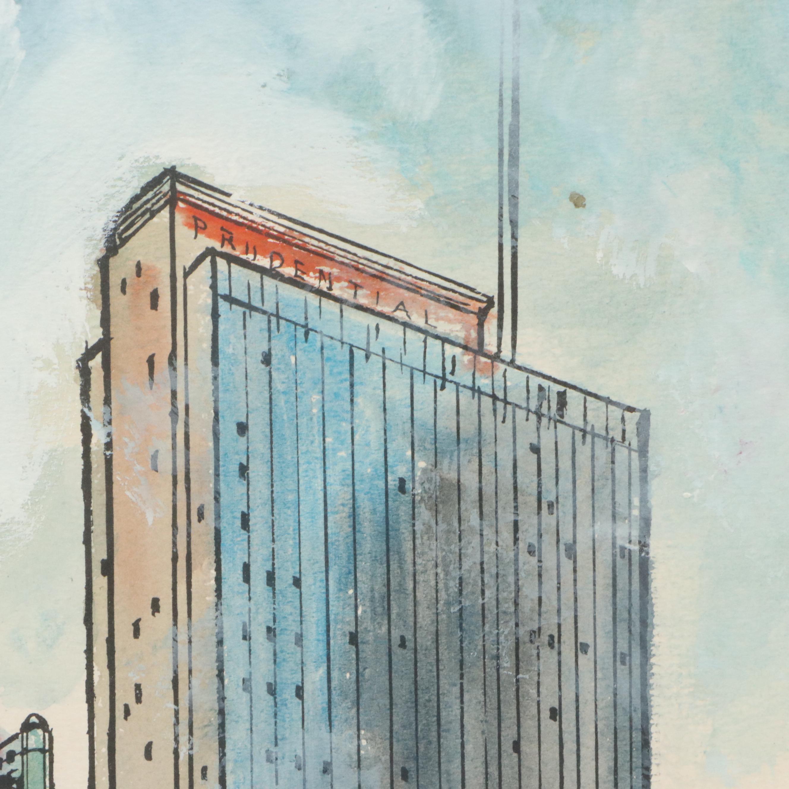 James Axelrod Style Ink and Watercolor Painting of Chicago Skyline