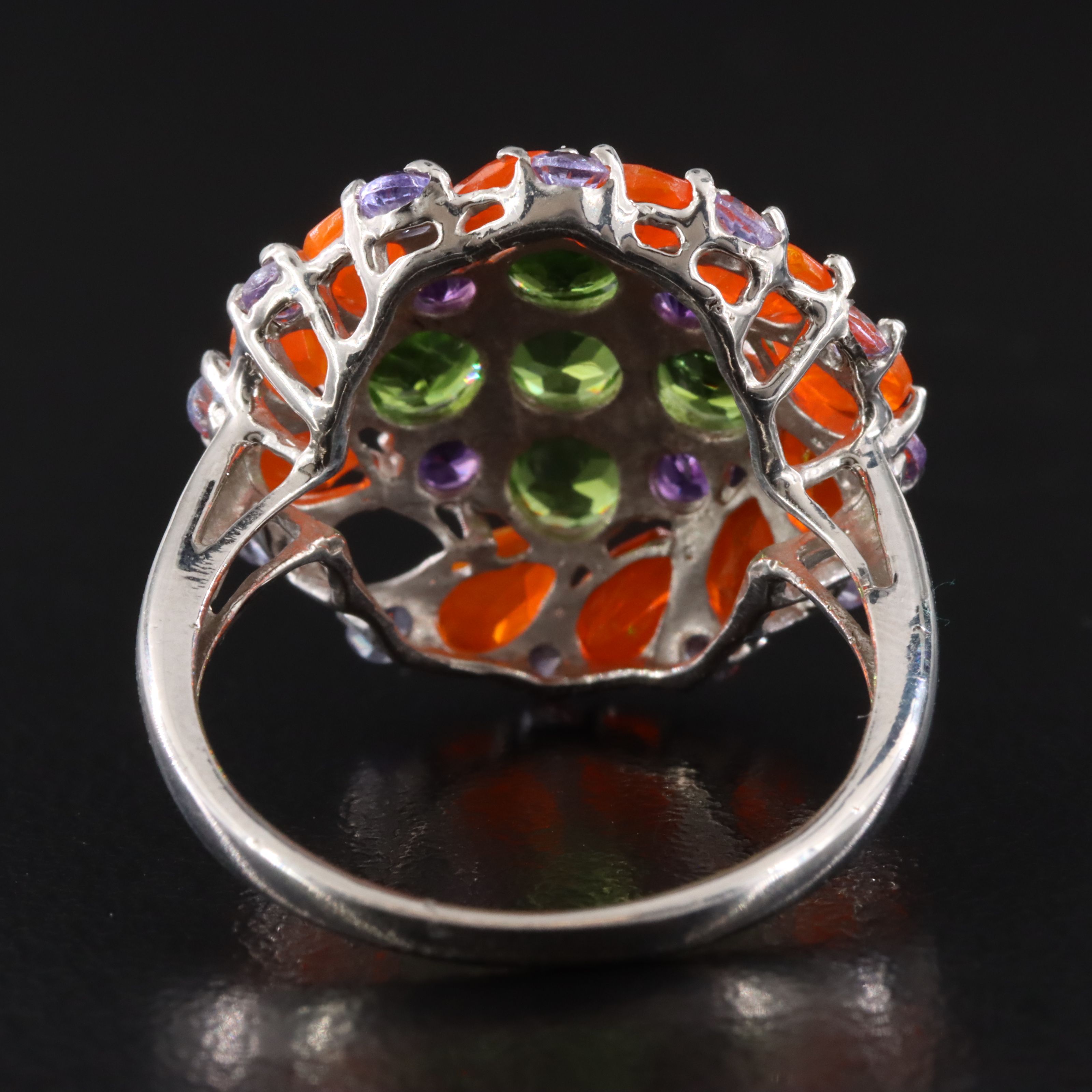 Sterling Fire Opal and Gemstone Floral Cluster Ring