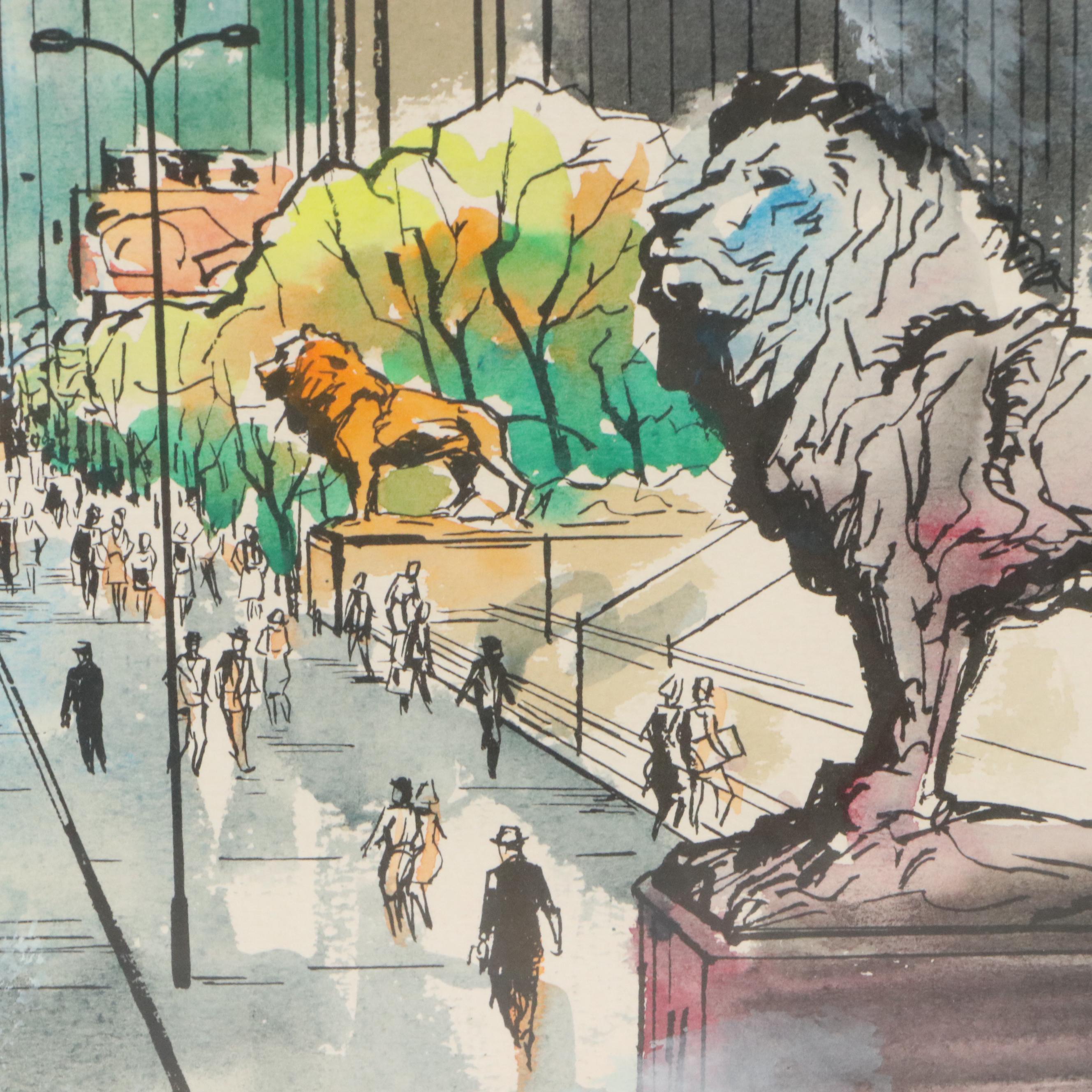 James Axelrod Style Ink and Watercolor Painting of Chicago Skyline