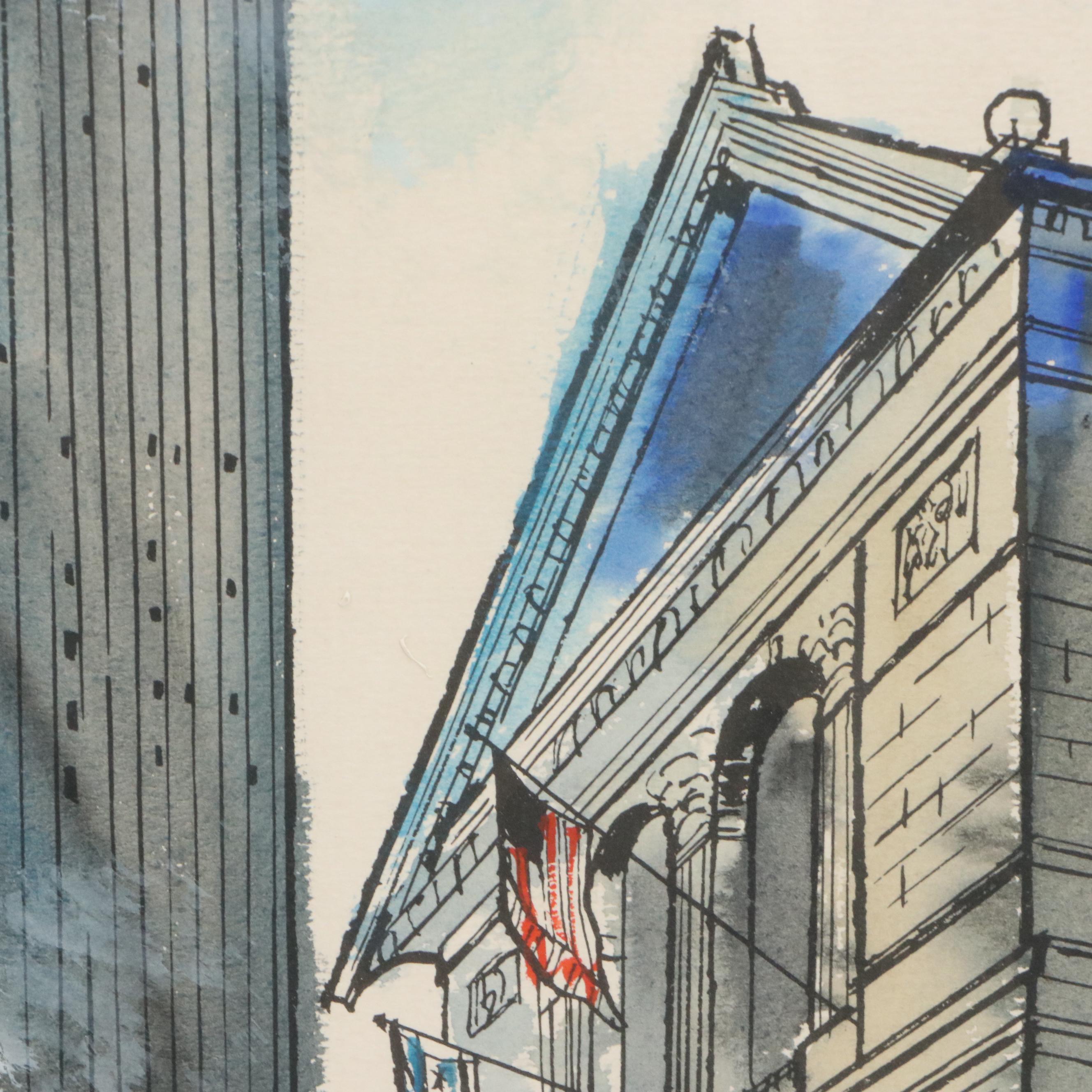 James Axelrod Style Ink and Watercolor Painting of Chicago Skyline