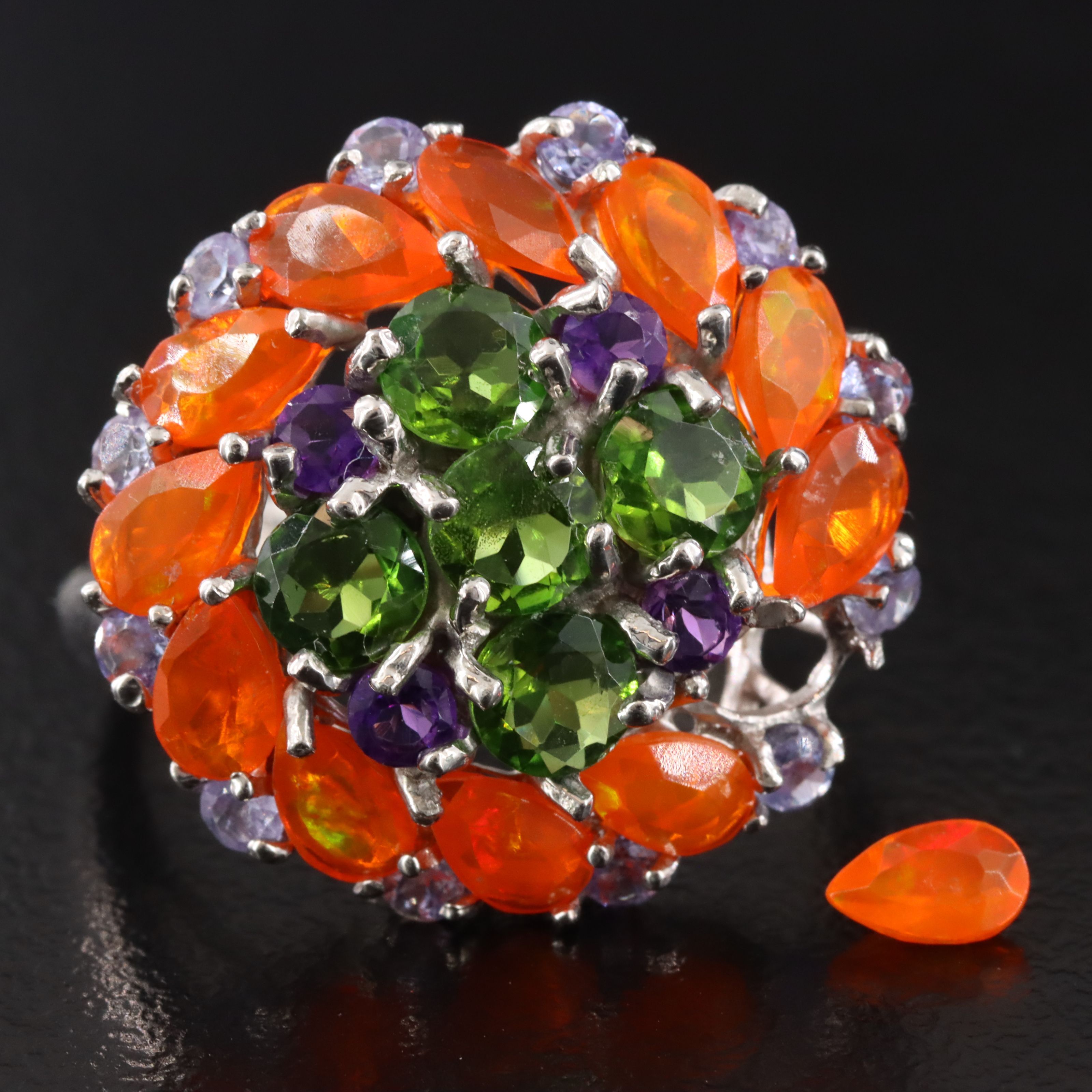 Sterling Fire Opal and Gemstone Floral Cluster Ring