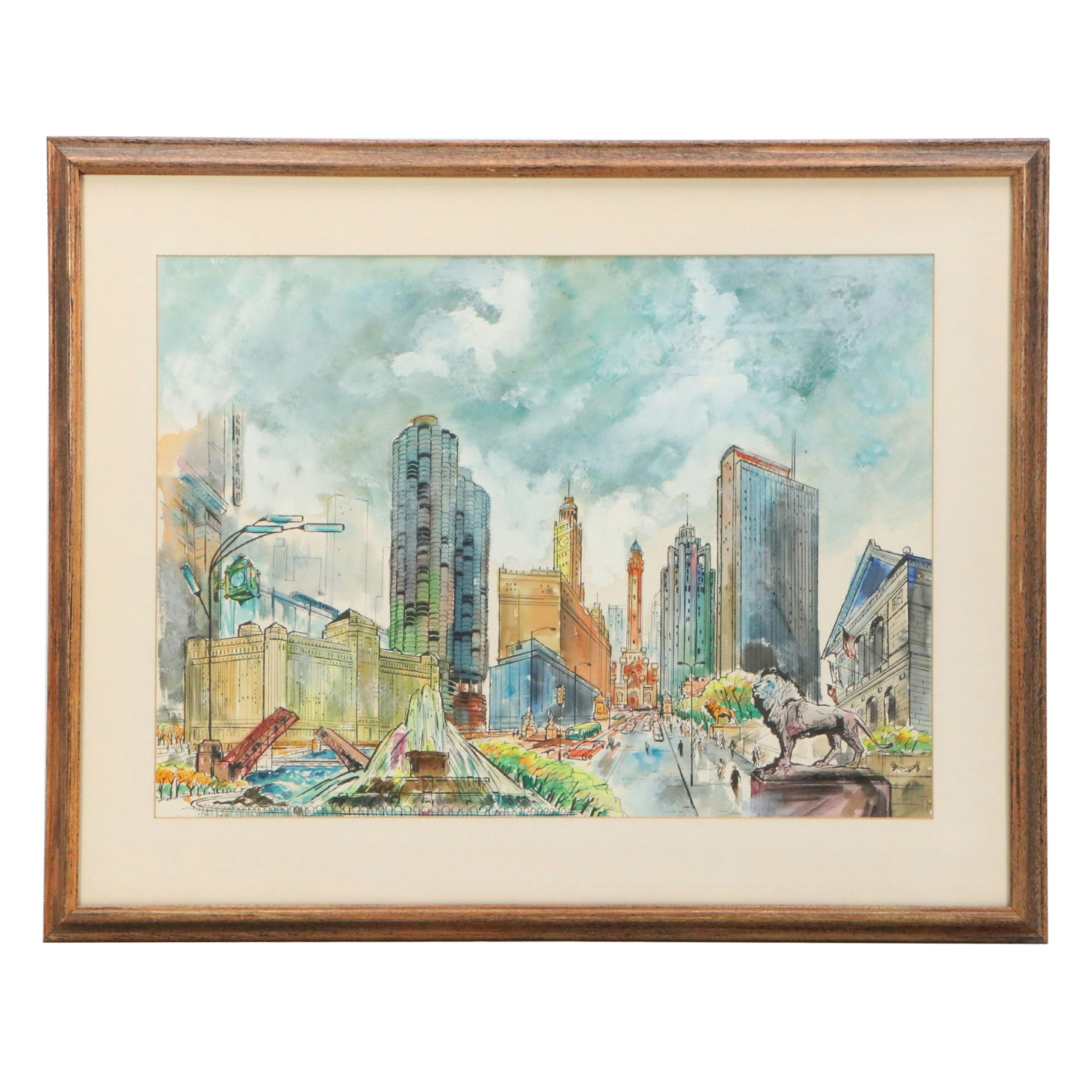 James Axelrod Style Ink and Watercolor Painting of Chicago Skyline