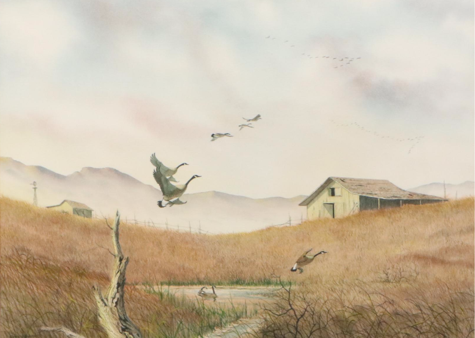 Don Griffiths Landscape Watercolor Painting with Flocks of Geese, 1984
