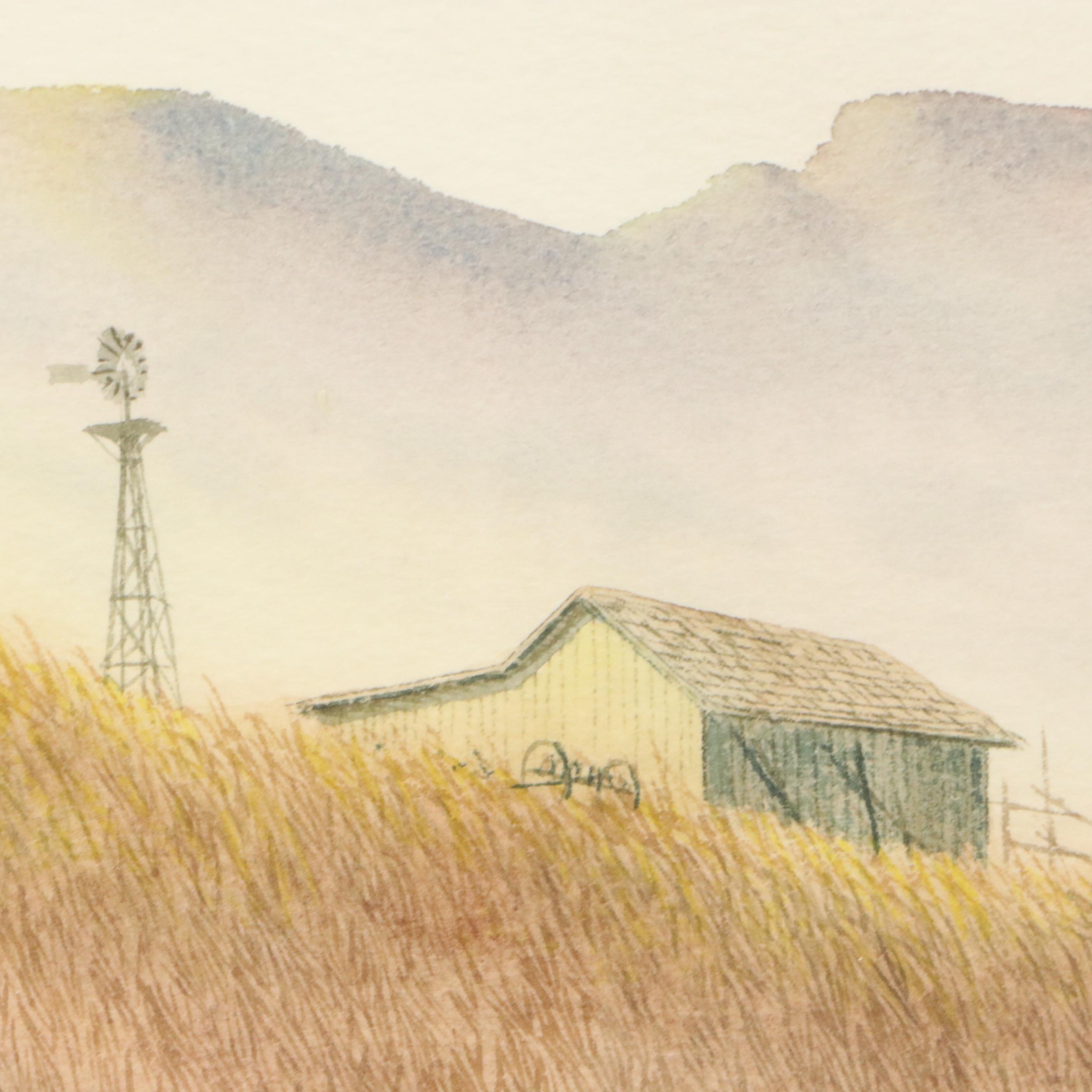 Don Griffiths Landscape Watercolor Painting with Flocks of Geese, 1984