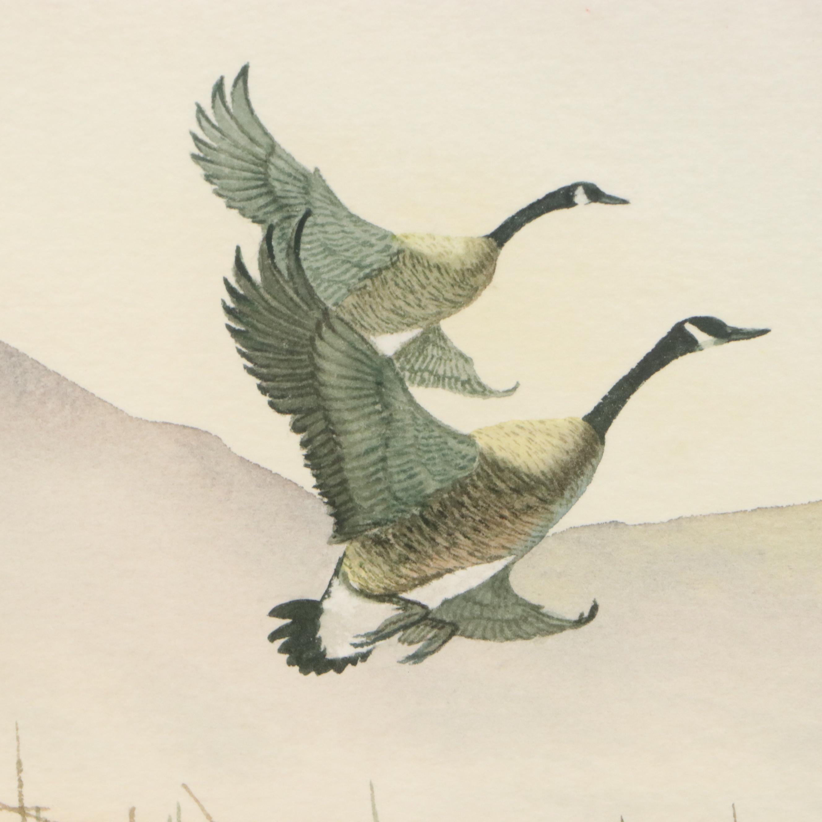 Don Griffiths Landscape Watercolor Painting with Flocks of Geese, 1984