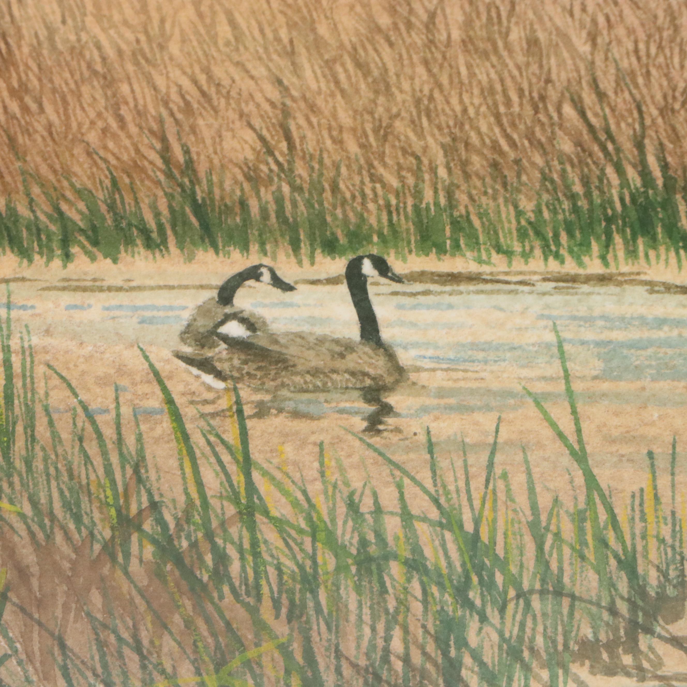 Don Griffiths Landscape Watercolor Painting with Flocks of Geese, 1984