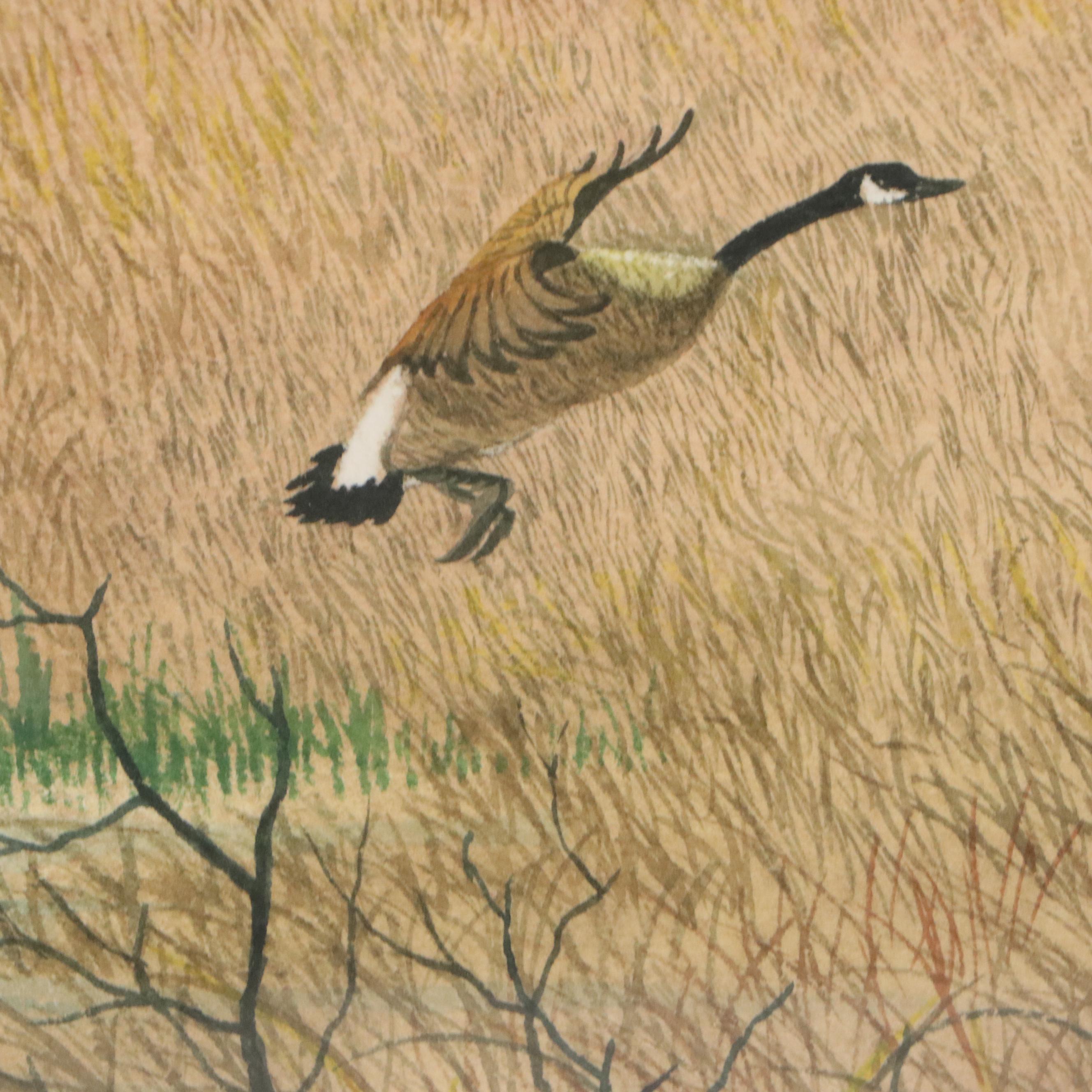 Don Griffiths Landscape Watercolor Painting with Flocks of Geese, 1984