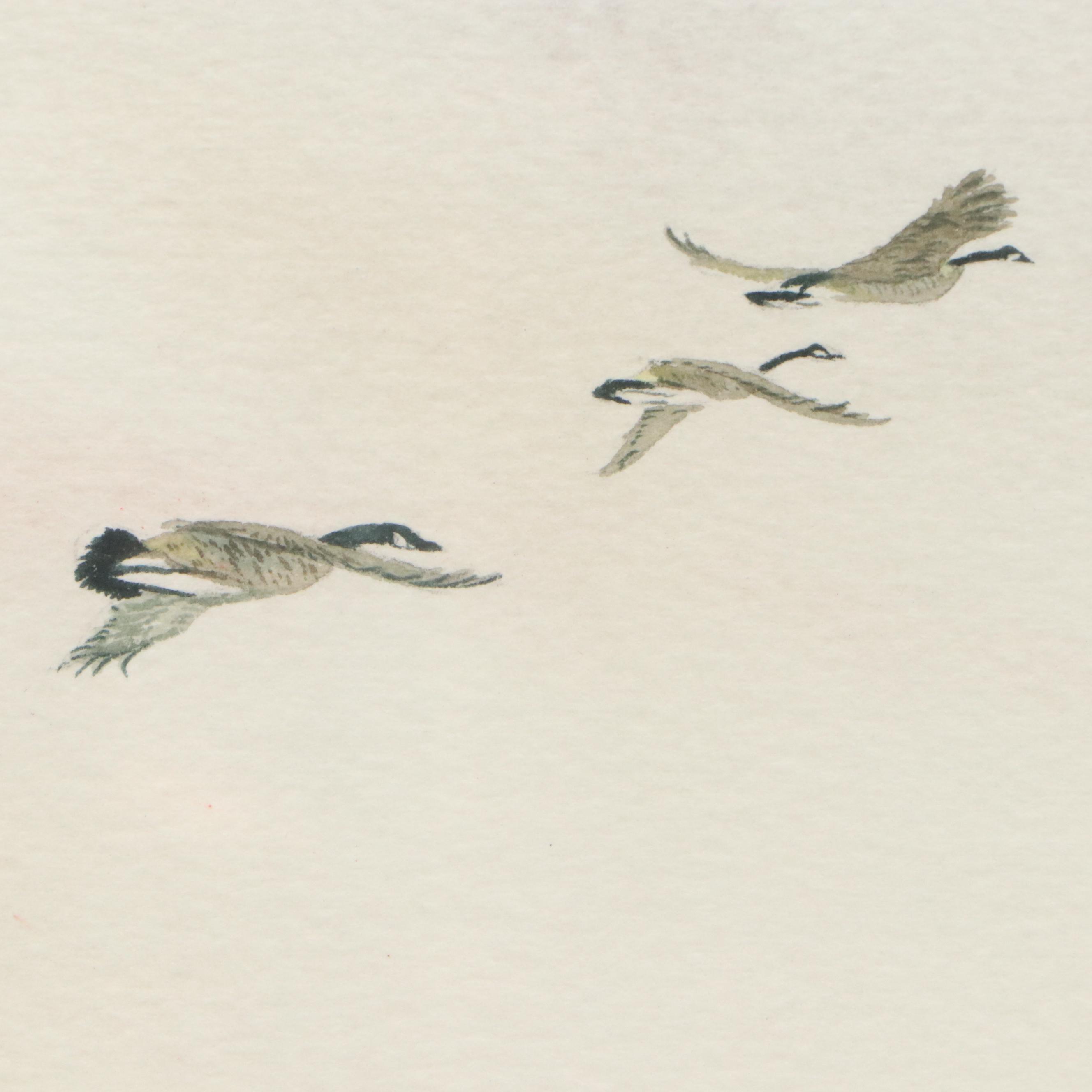 Don Griffiths Landscape Watercolor Painting with Flocks of Geese, 1984