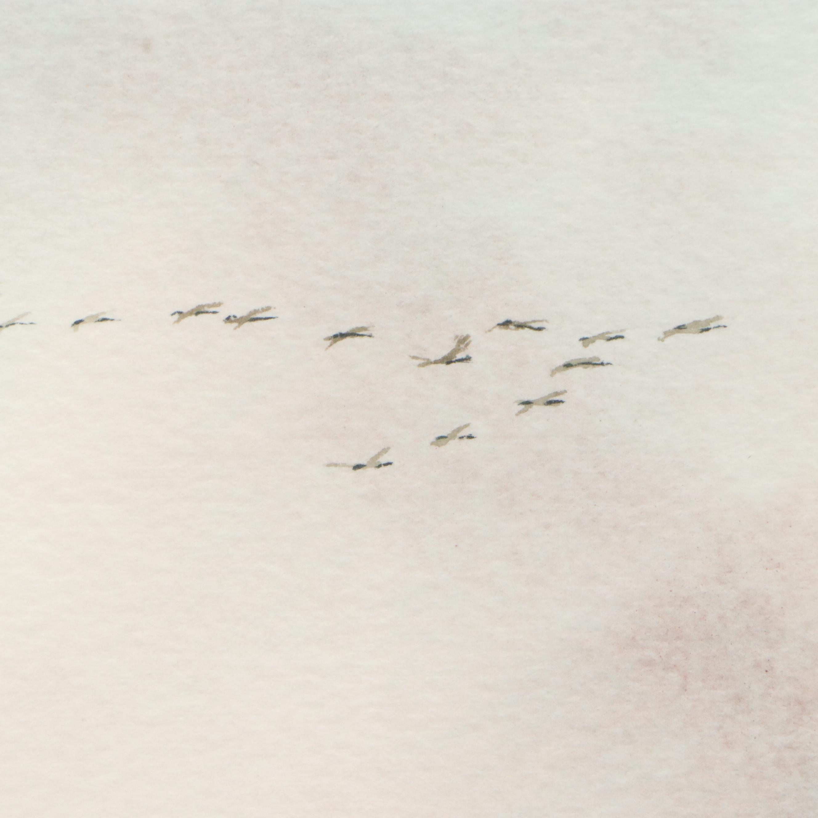 Don Griffiths Landscape Watercolor Painting with Flocks of Geese, 1984