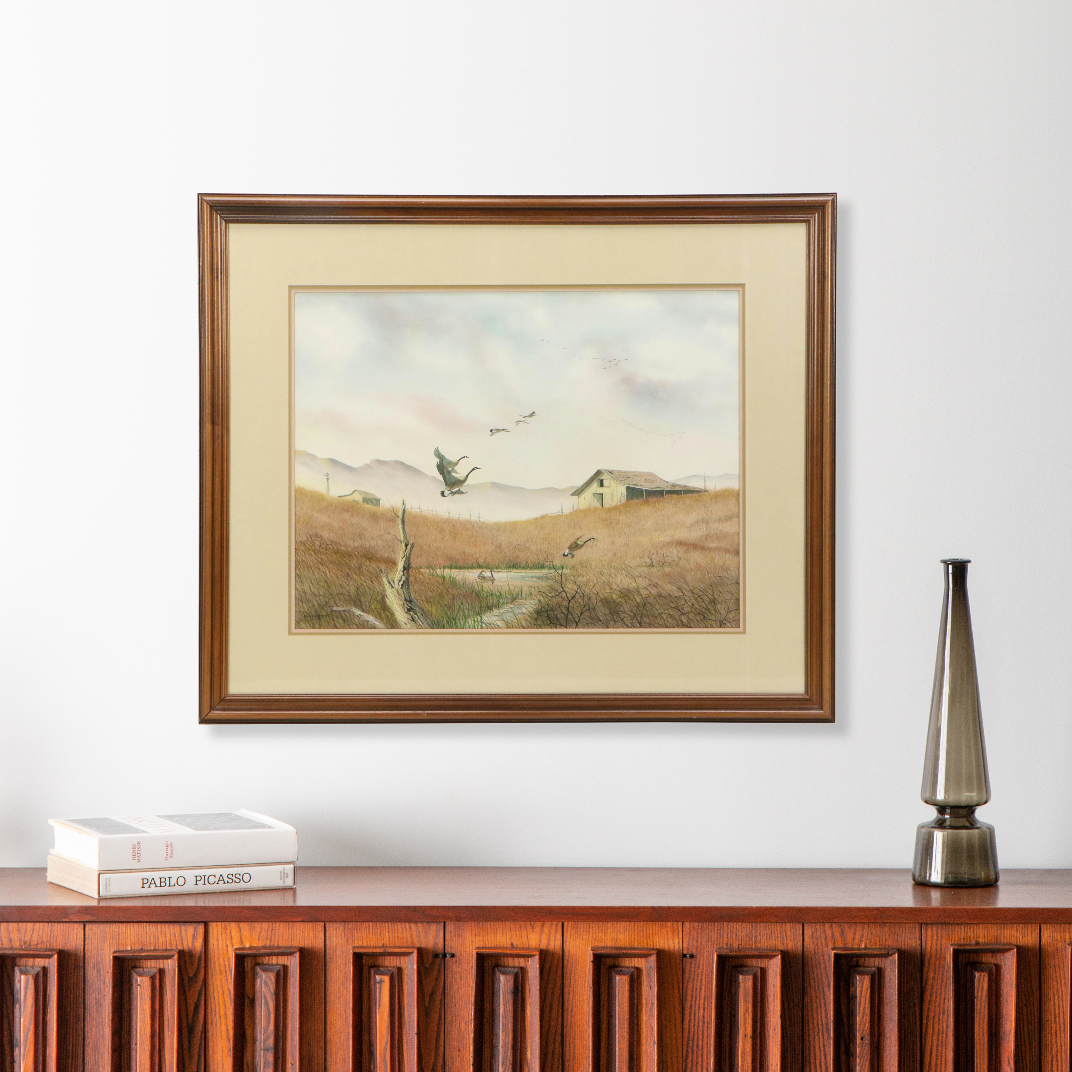 Don Griffiths Landscape Watercolor Painting with Flocks of Geese, 1984