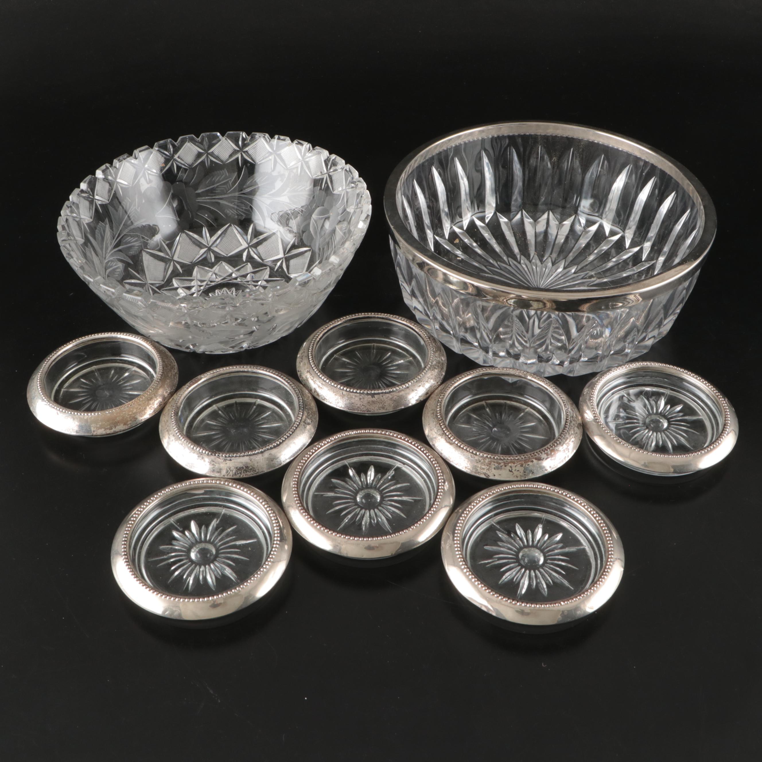 American Sterling and Silver Plate Rimmed Coasters with Glass Serving Bowls