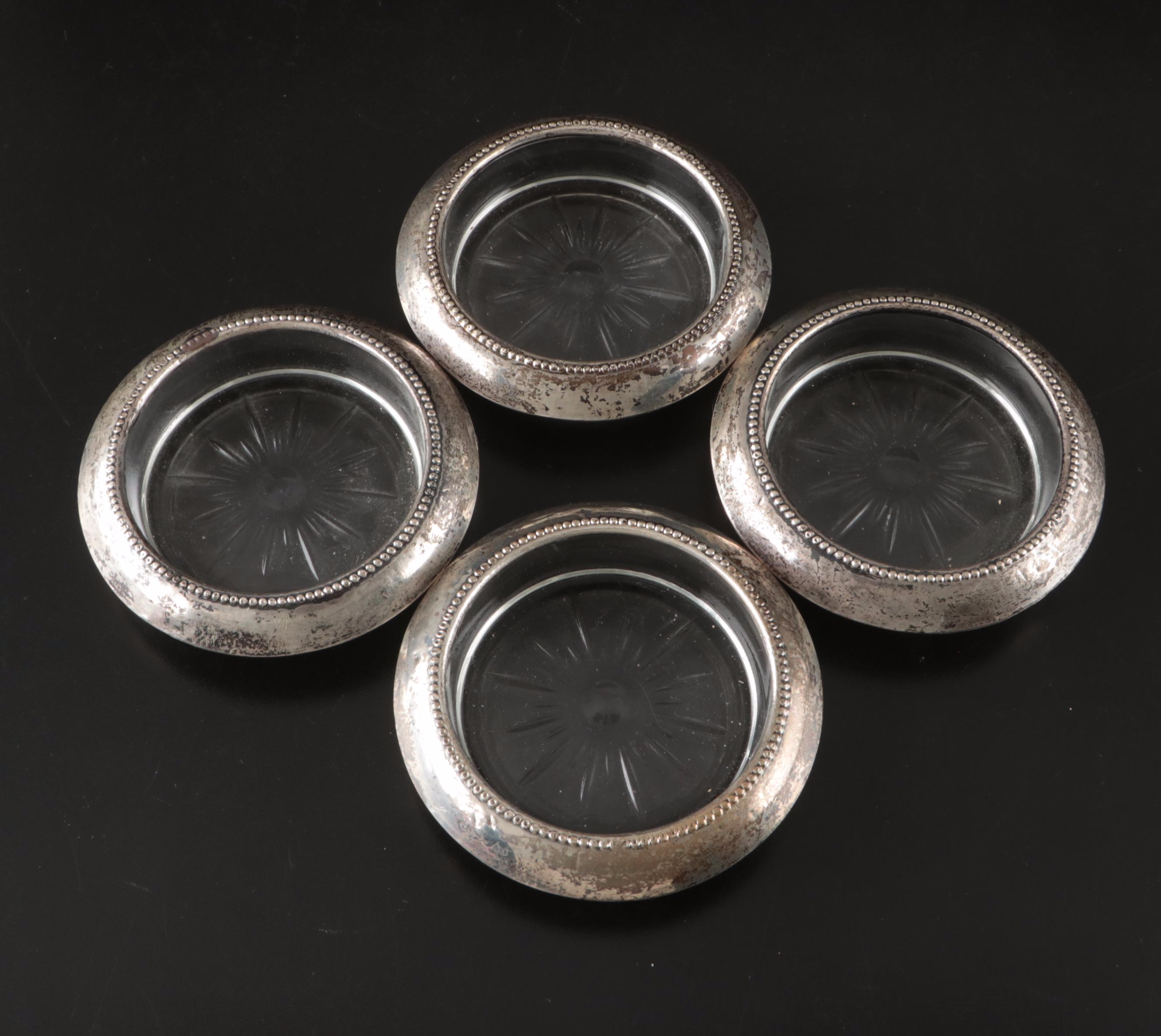 American Sterling and Silver Plate Rimmed Coasters with Glass Serving Bowls
