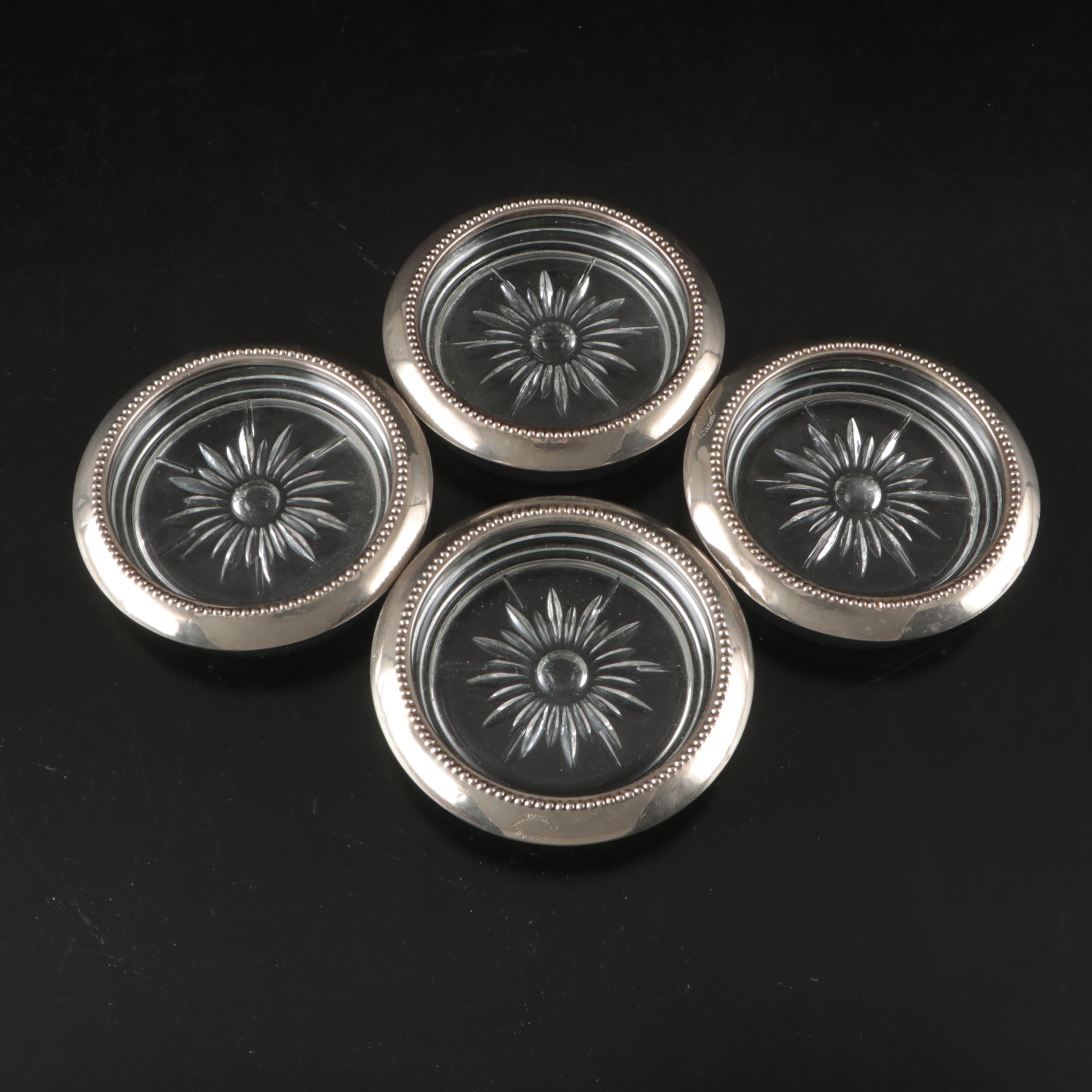 American Sterling and Silver Plate Rimmed Coasters with Glass Serving Bowls