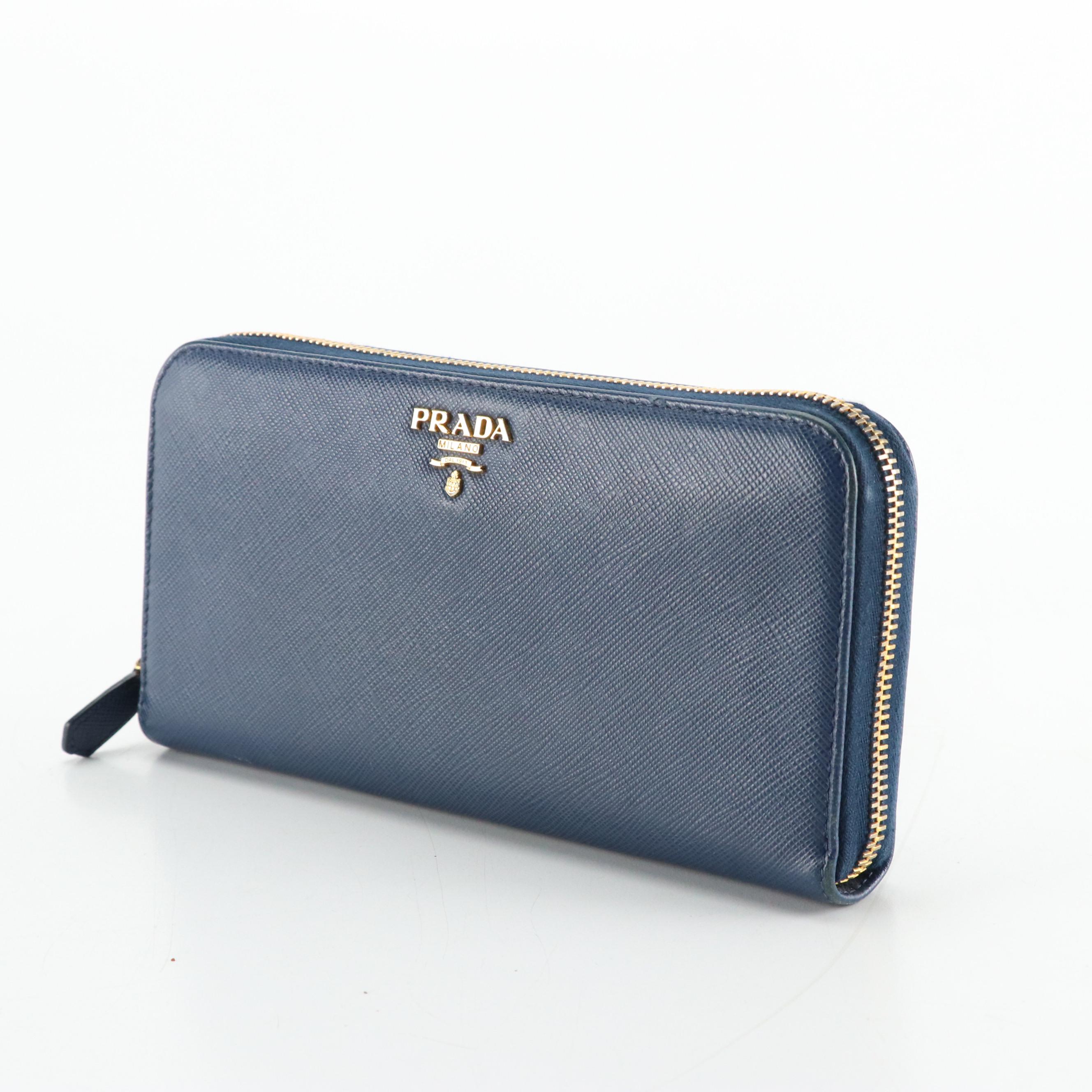 Prada Blue Saffiano Leather Long Zip-Around Wallet