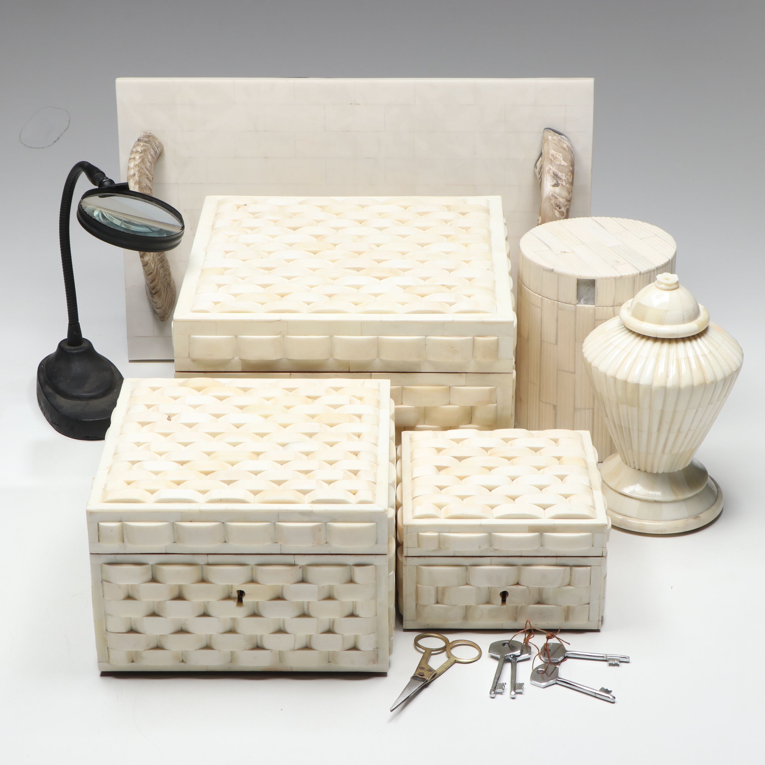 Carved Bone Boxes with Horn Handled Tray and Other Office Décor