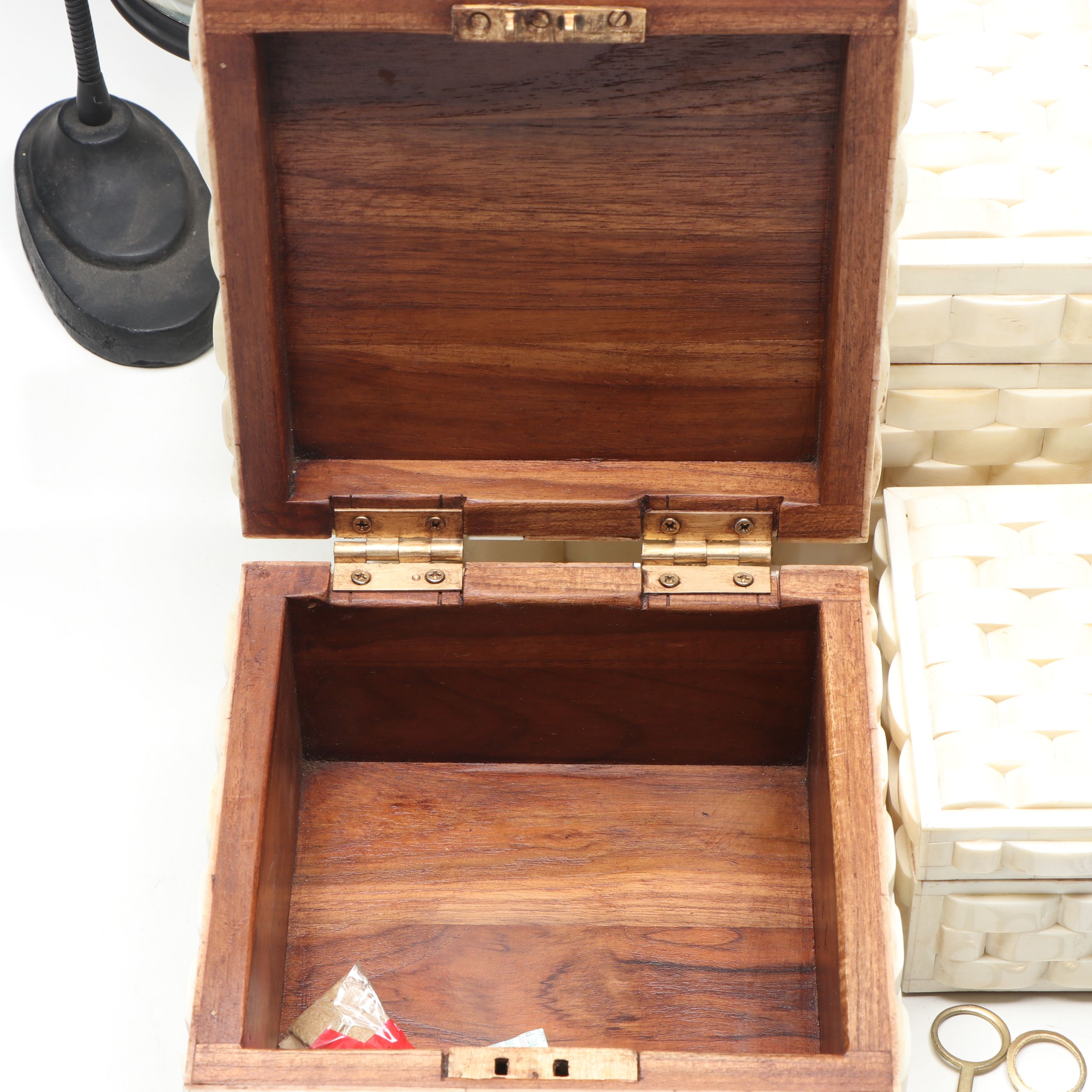 Carved Bone Boxes with Horn Handled Tray and Other Office Décor