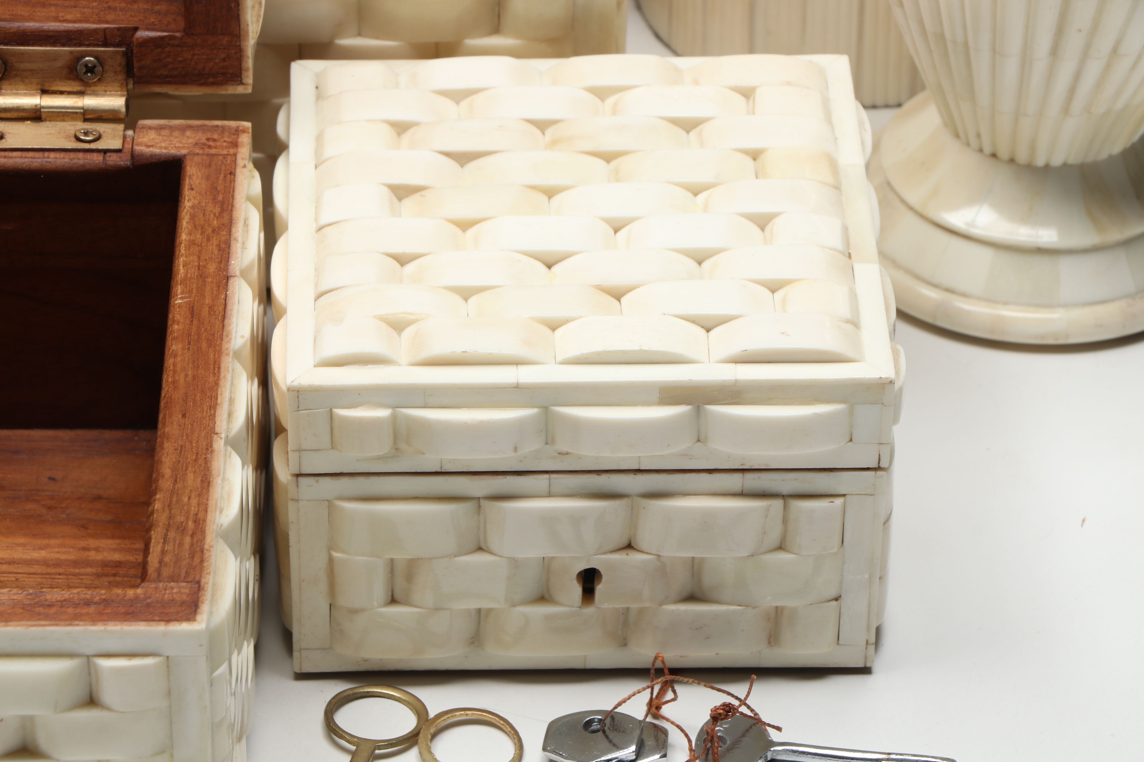 Carved Bone Boxes with Horn Handled Tray and Other Office Décor