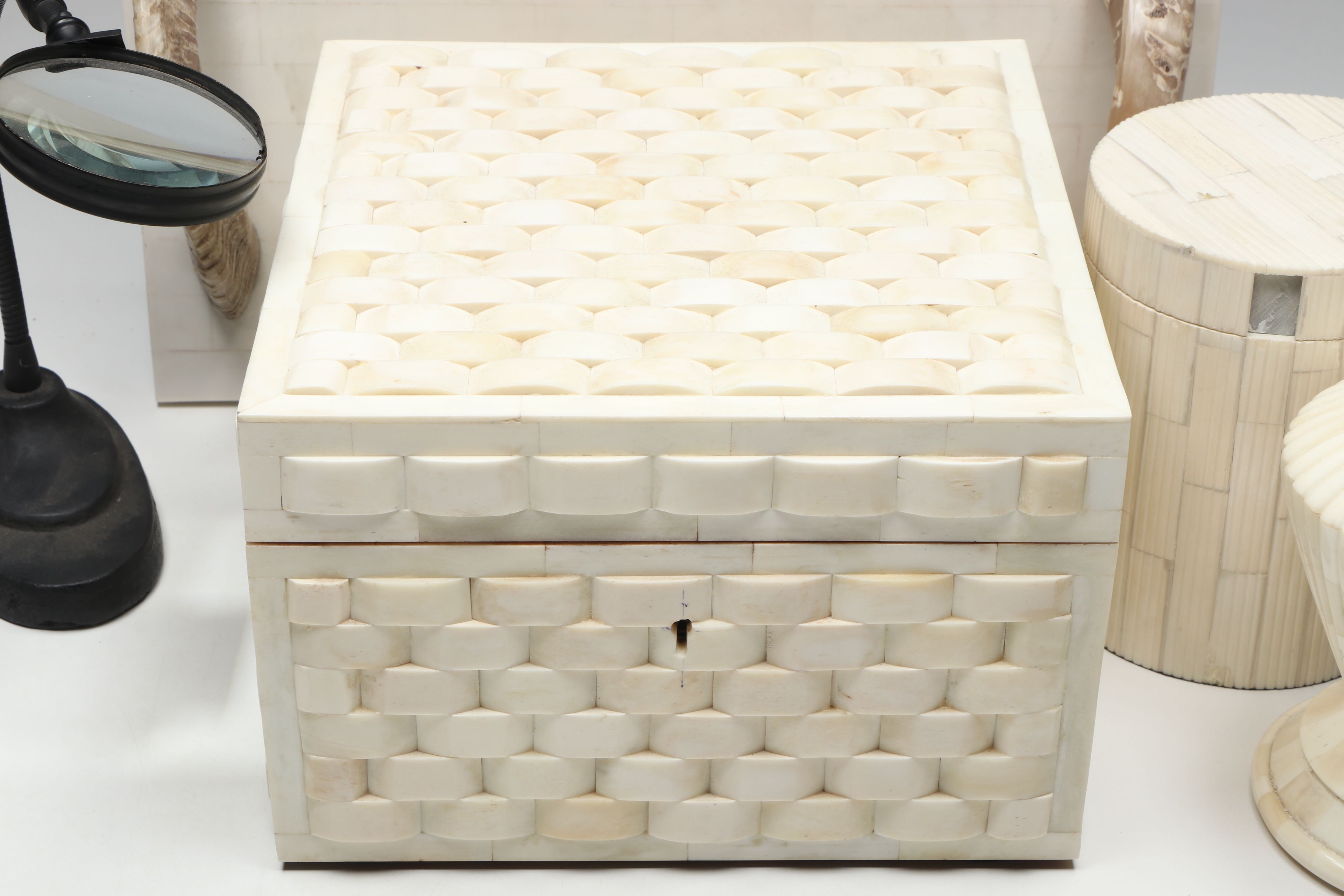 Carved Bone Boxes with Horn Handled Tray and Other Office Décor