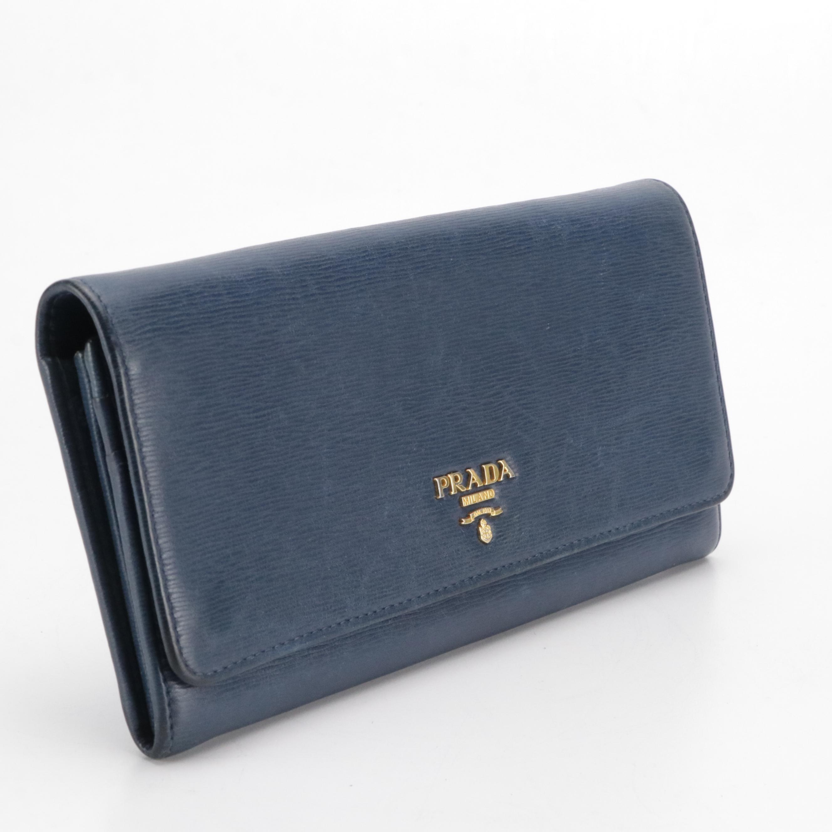 Prada Long Flap Wallet in Dark Blue Textured Leather
