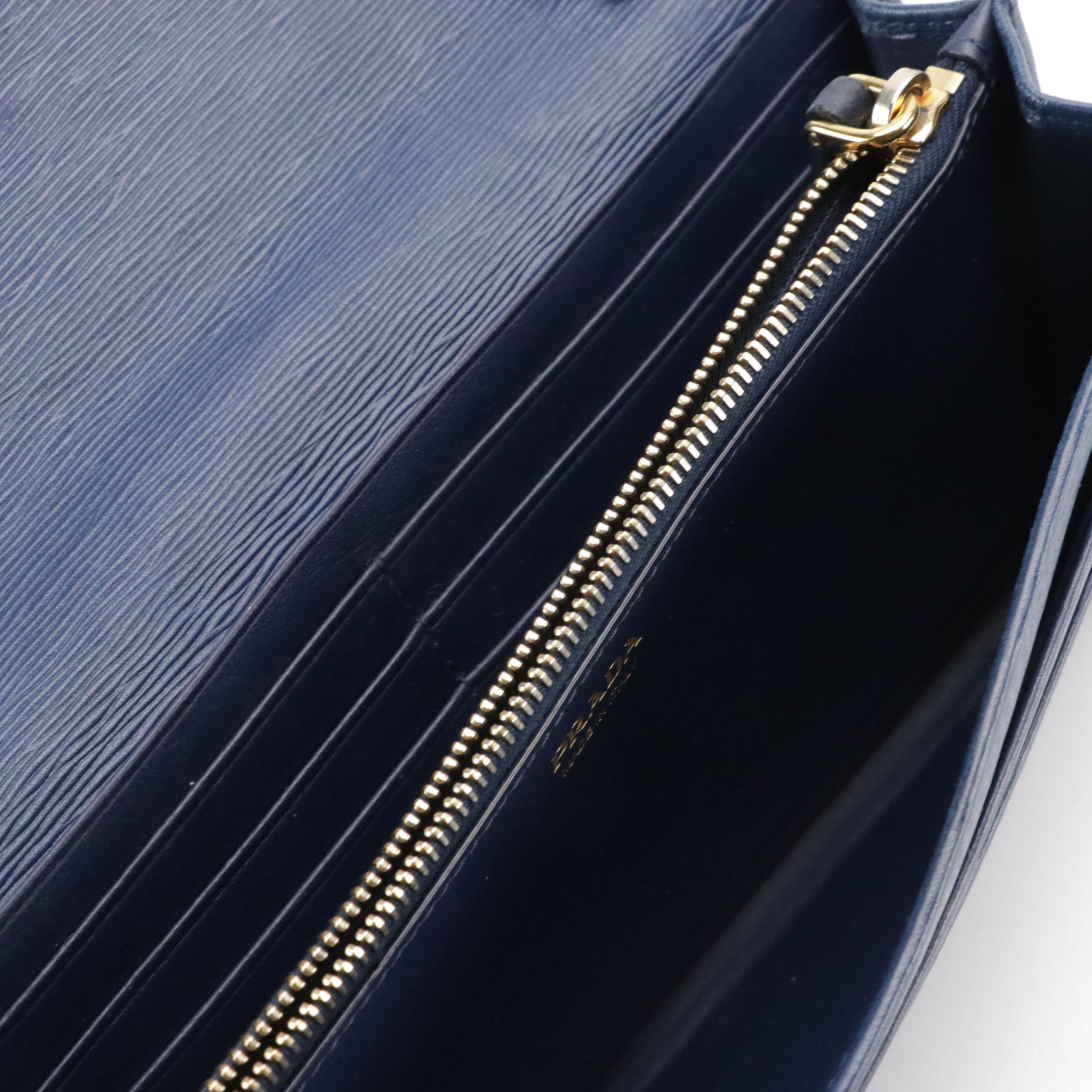 Prada Long Flap Wallet in Dark Blue Textured Leather