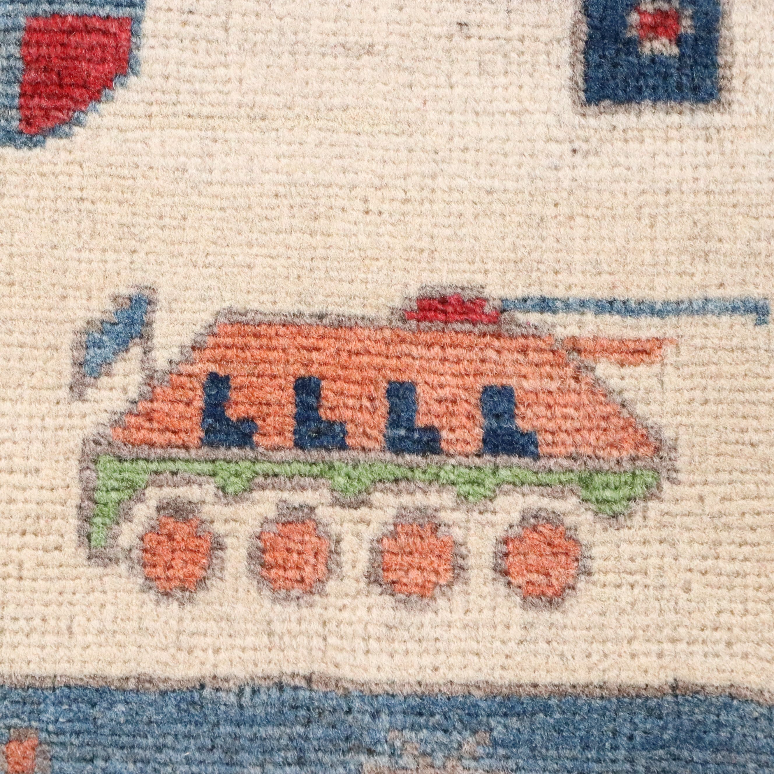 2' x 3' Hand-Knotted Afghan Pictorial War Accent Rug