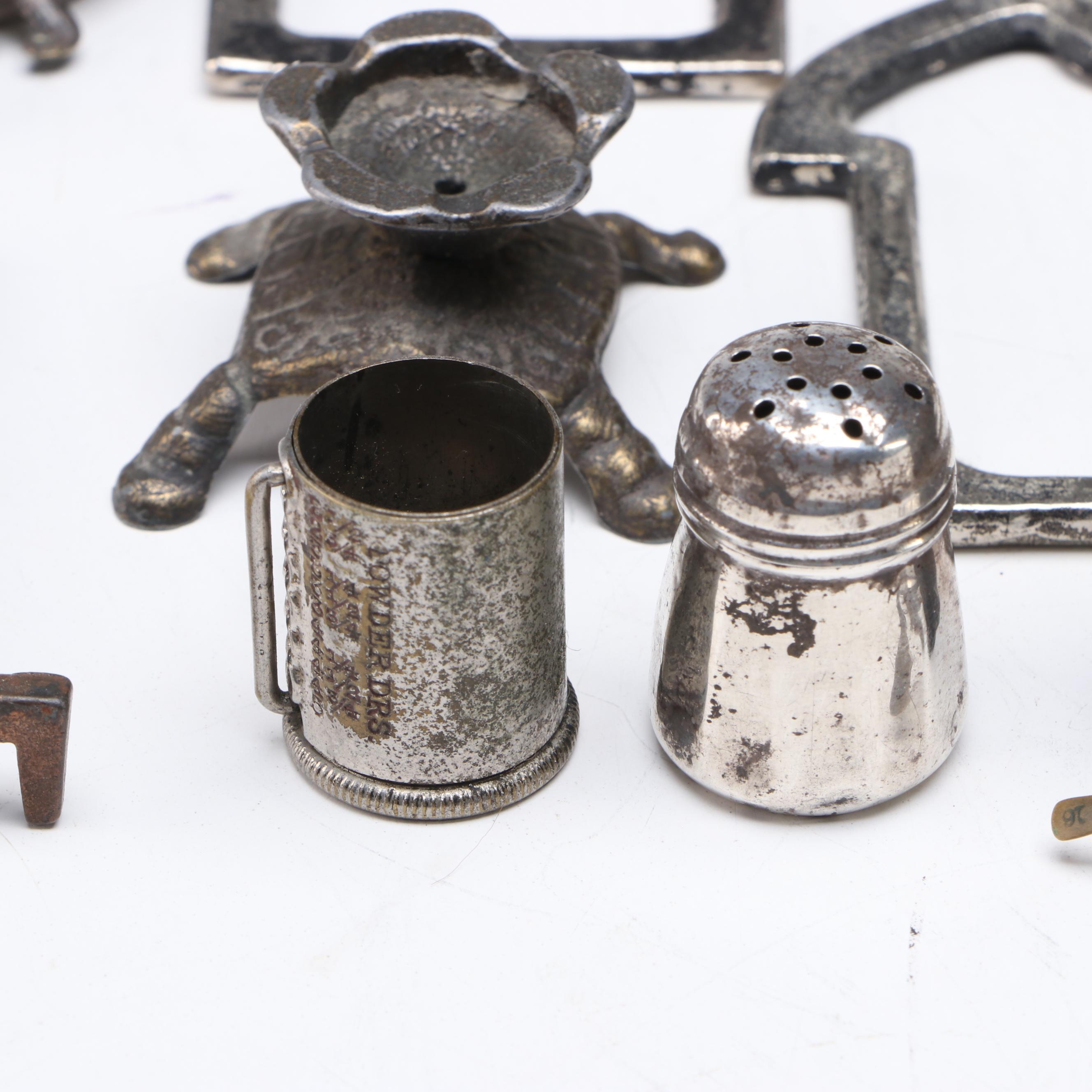 Sterling Silver Salt Shaker with More Metal Miniatures, Pinbacks, and Tools