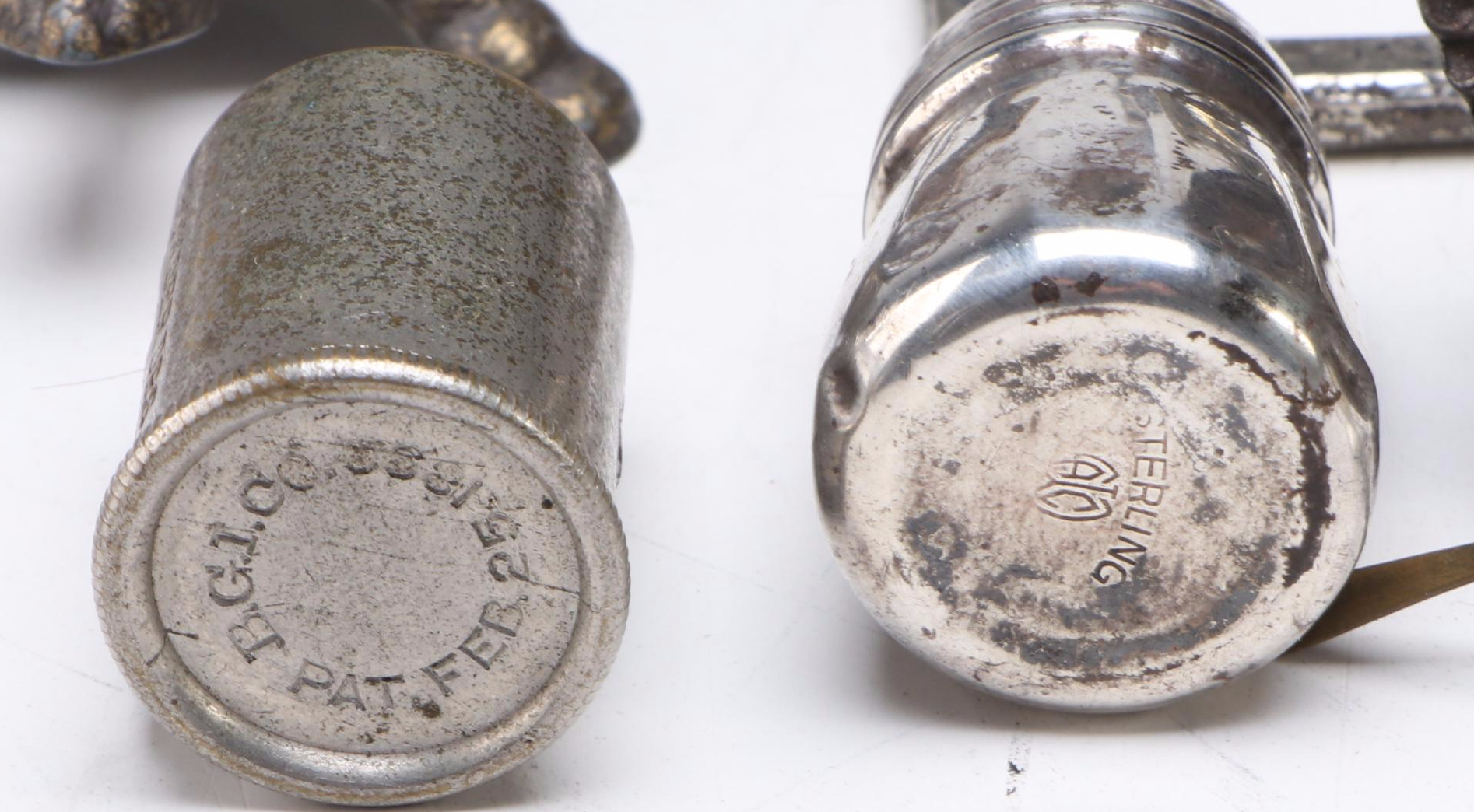 Sterling Silver Salt Shaker with More Metal Miniatures, Pinbacks, and Tools