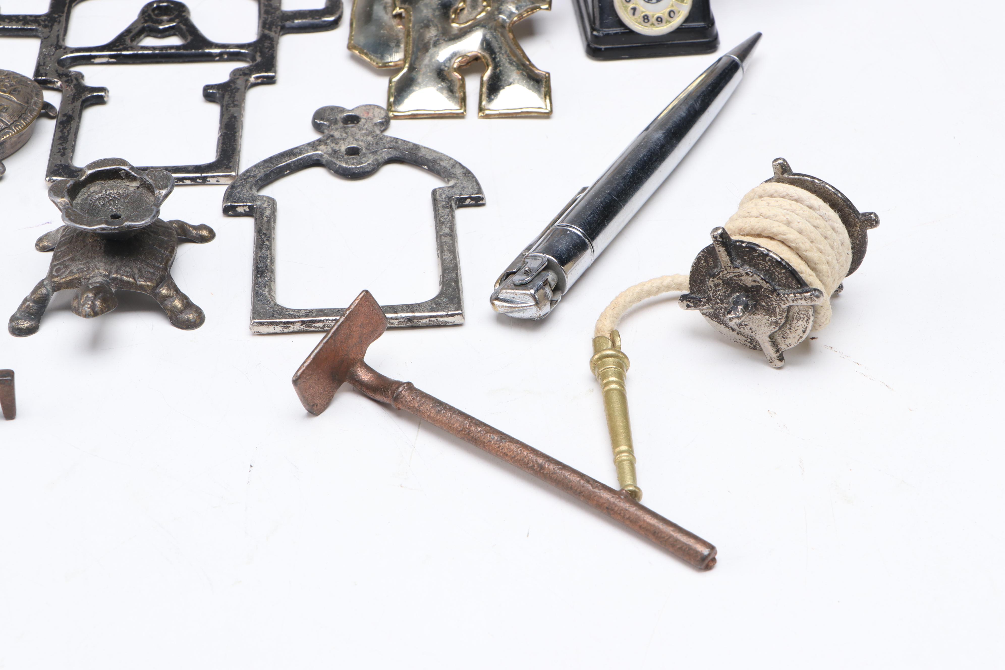 Sterling Silver Salt Shaker with More Metal Miniatures, Pinbacks, and Tools