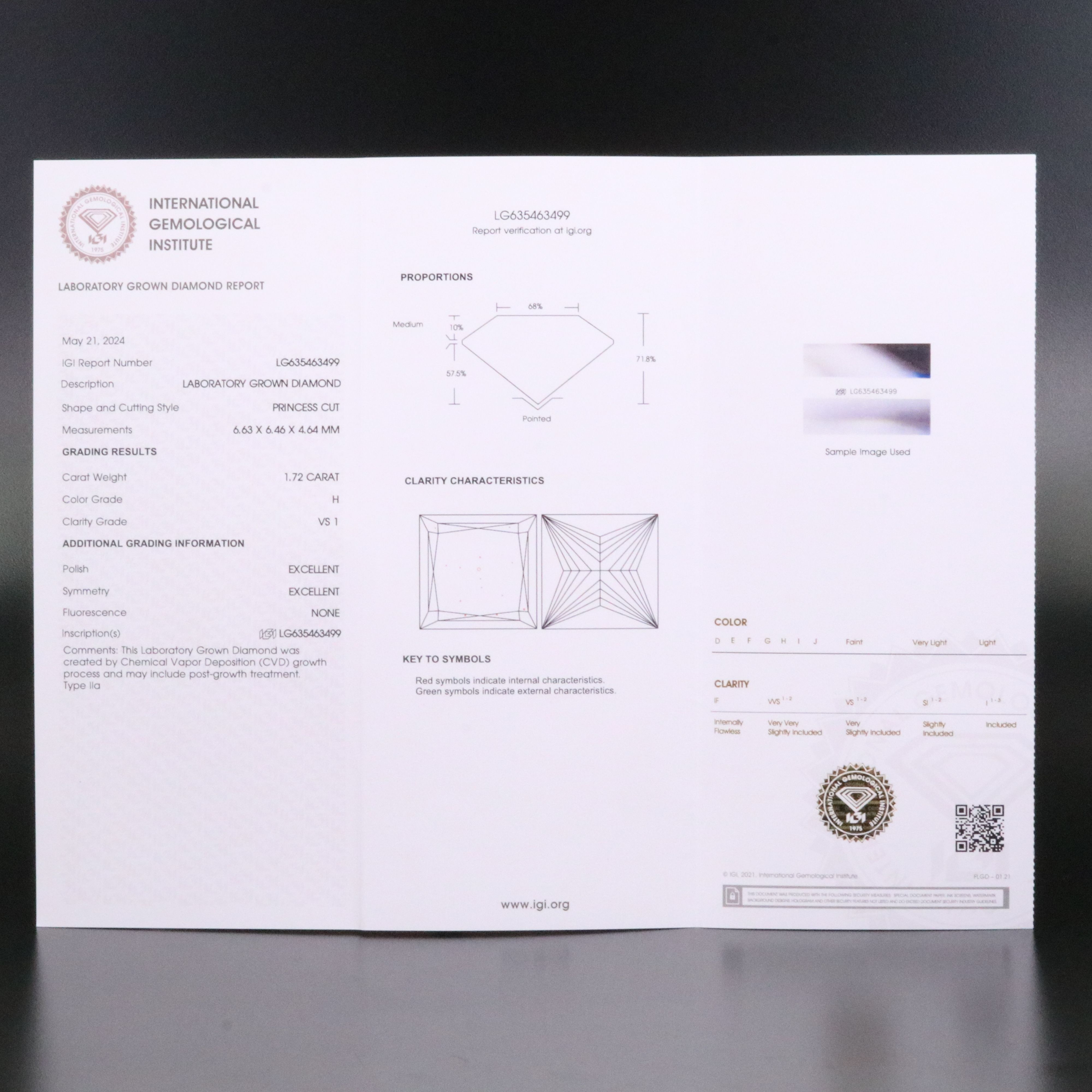 Loose 1.72 CT Lab Grown Diamond with IGI Report