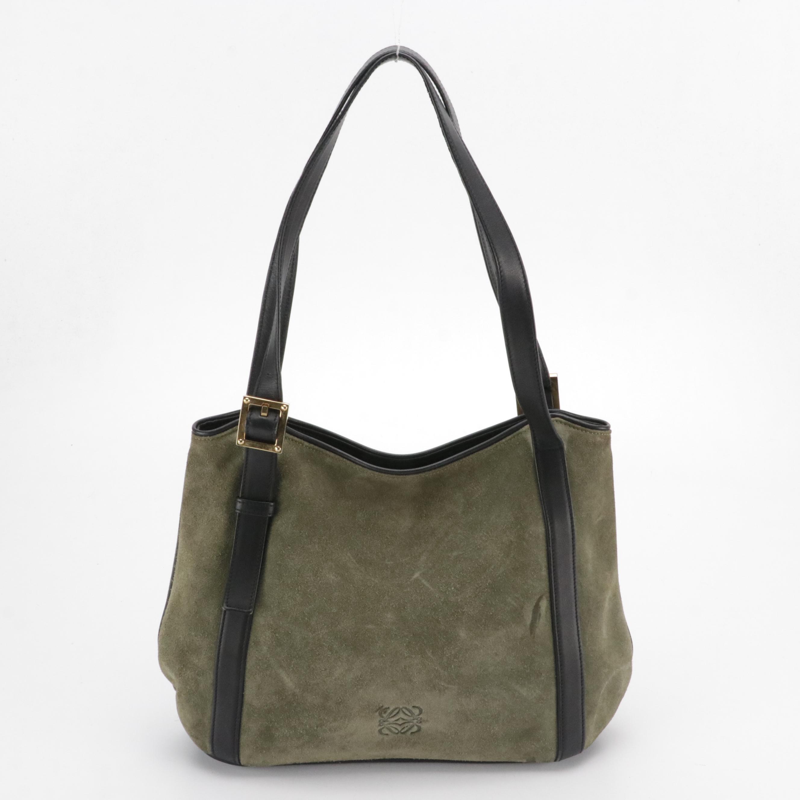 Loewe Anagram Embossed Suede and Leather Shoulder Bag