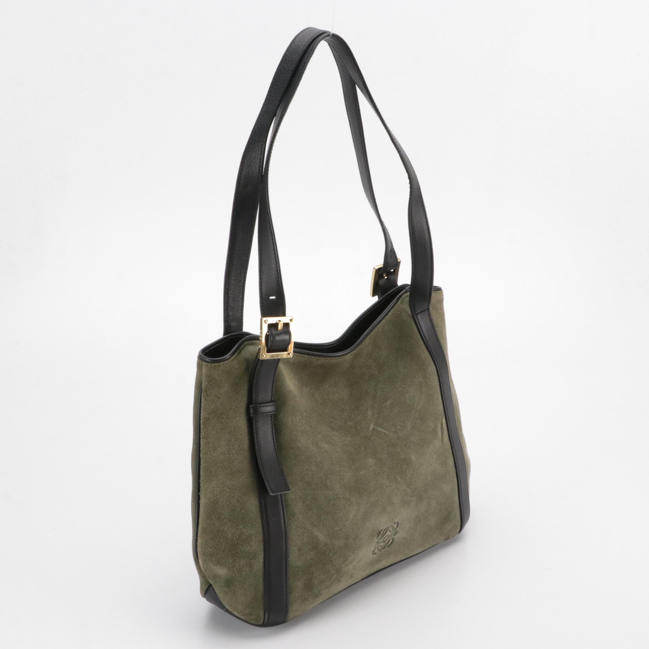 Loewe Anagram Embossed Suede and Leather Shoulder Bag