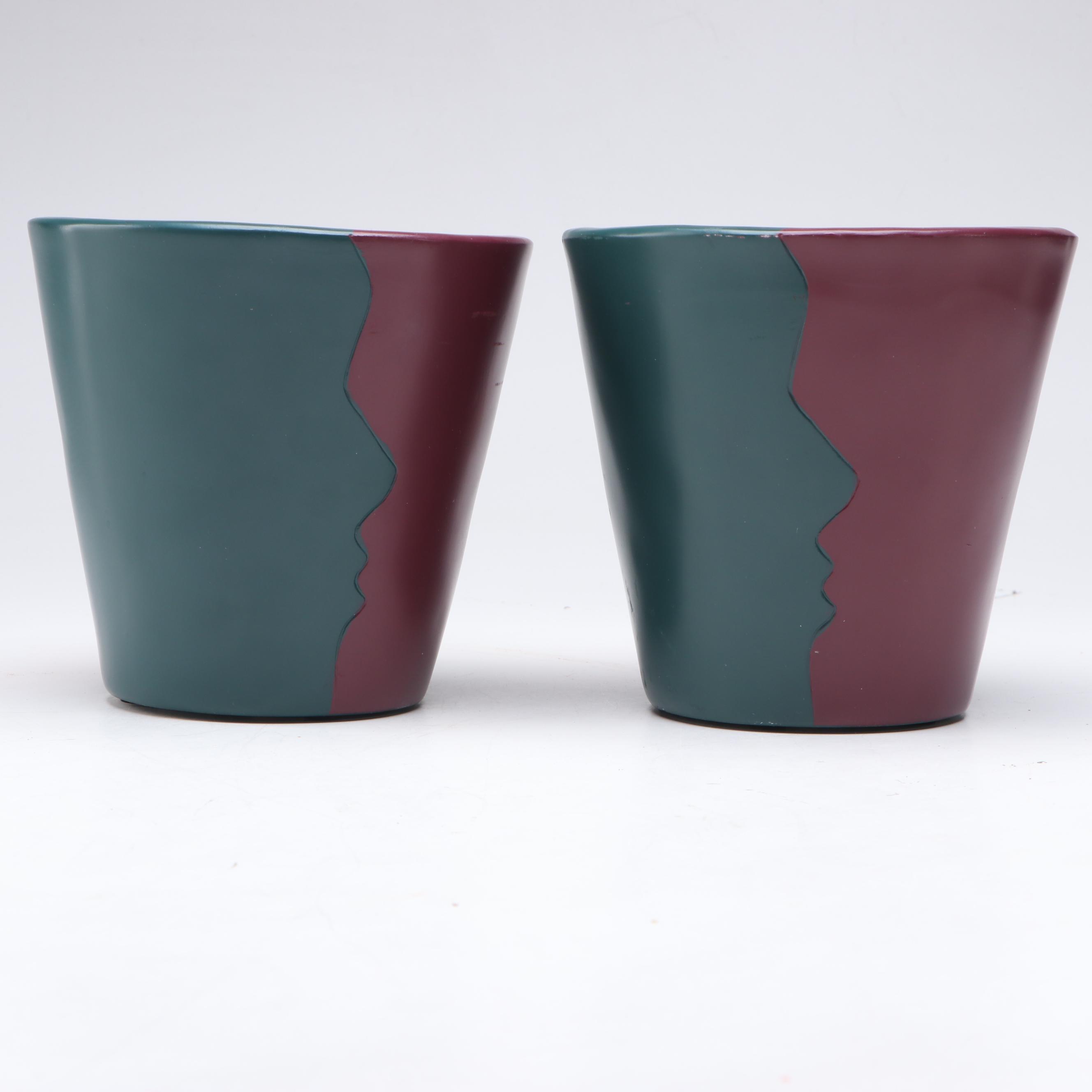 Pair of Contemporary Abstract Rainbow Face Ceramic Planters