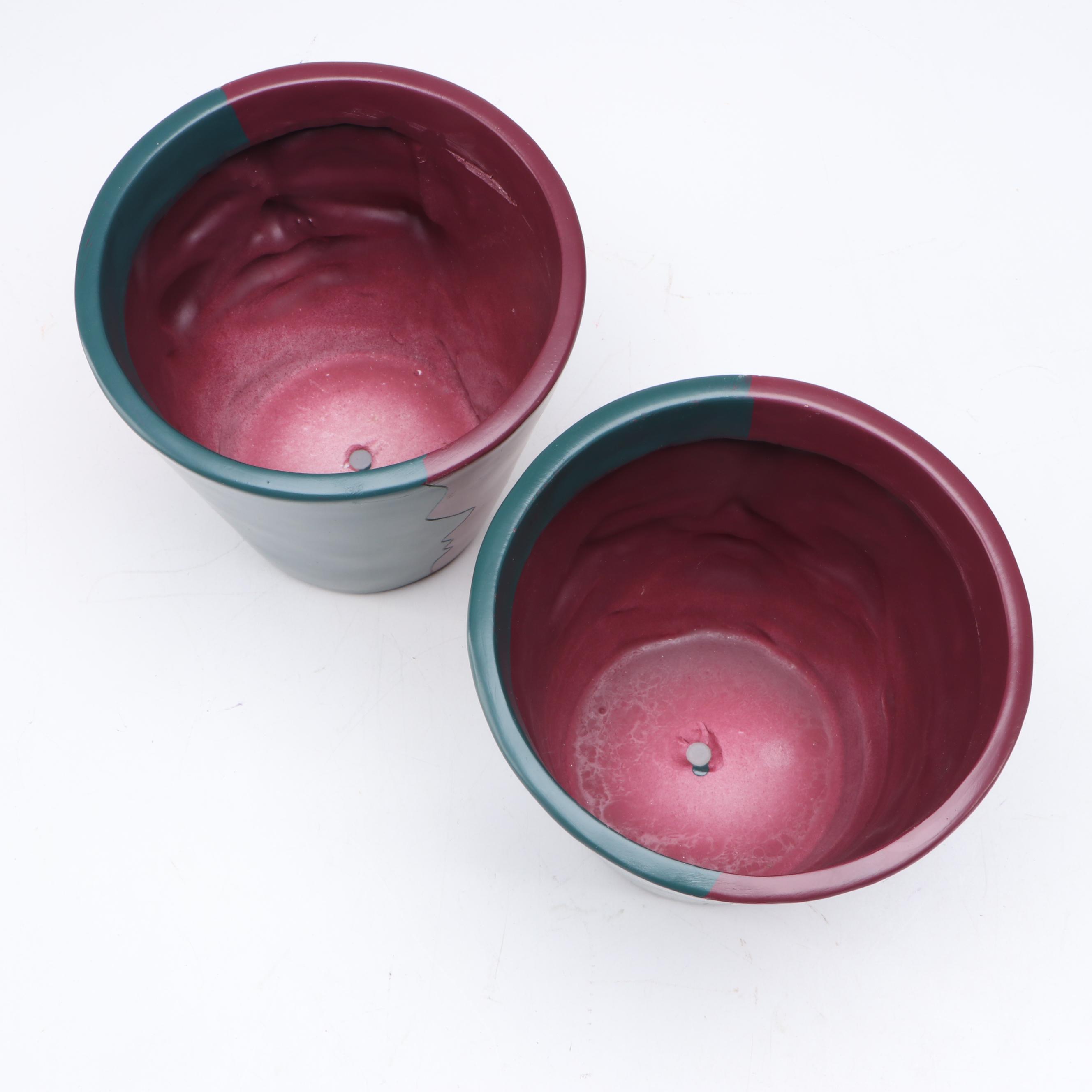 Pair of Contemporary Abstract Rainbow Face Ceramic Planters