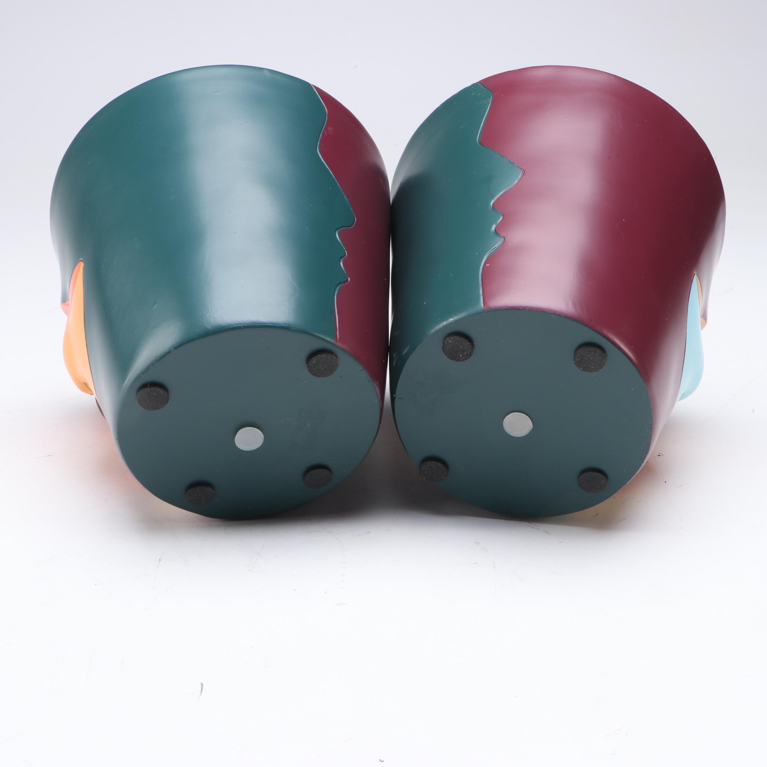 Pair of Contemporary Abstract Rainbow Face Ceramic Planters