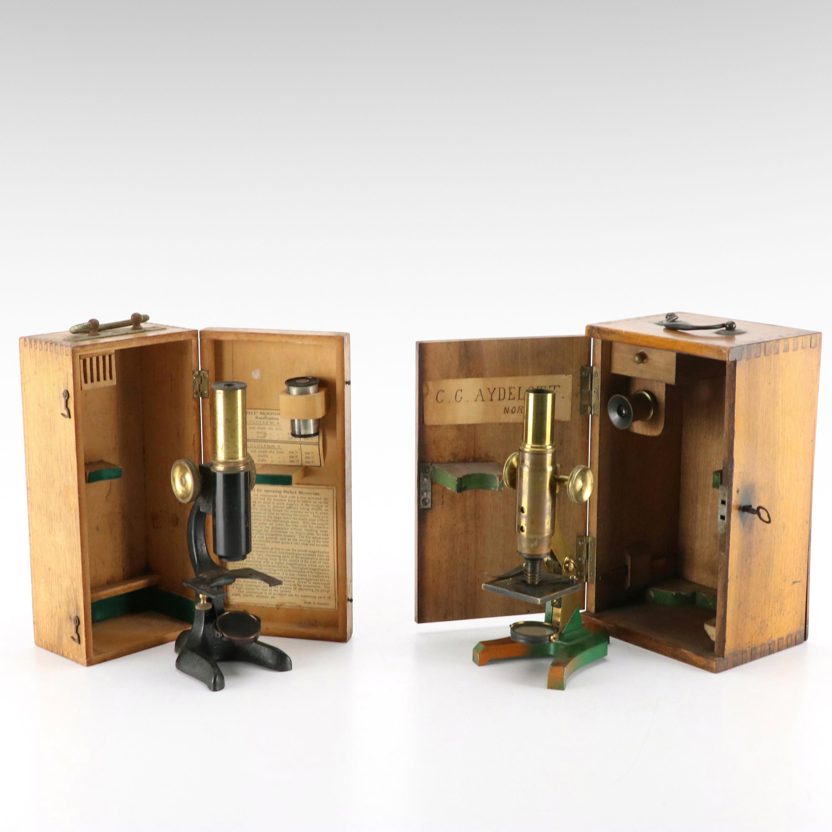 Testrite "Perfect" #110 and Other Brass Student Microscopes with Wooden Cases