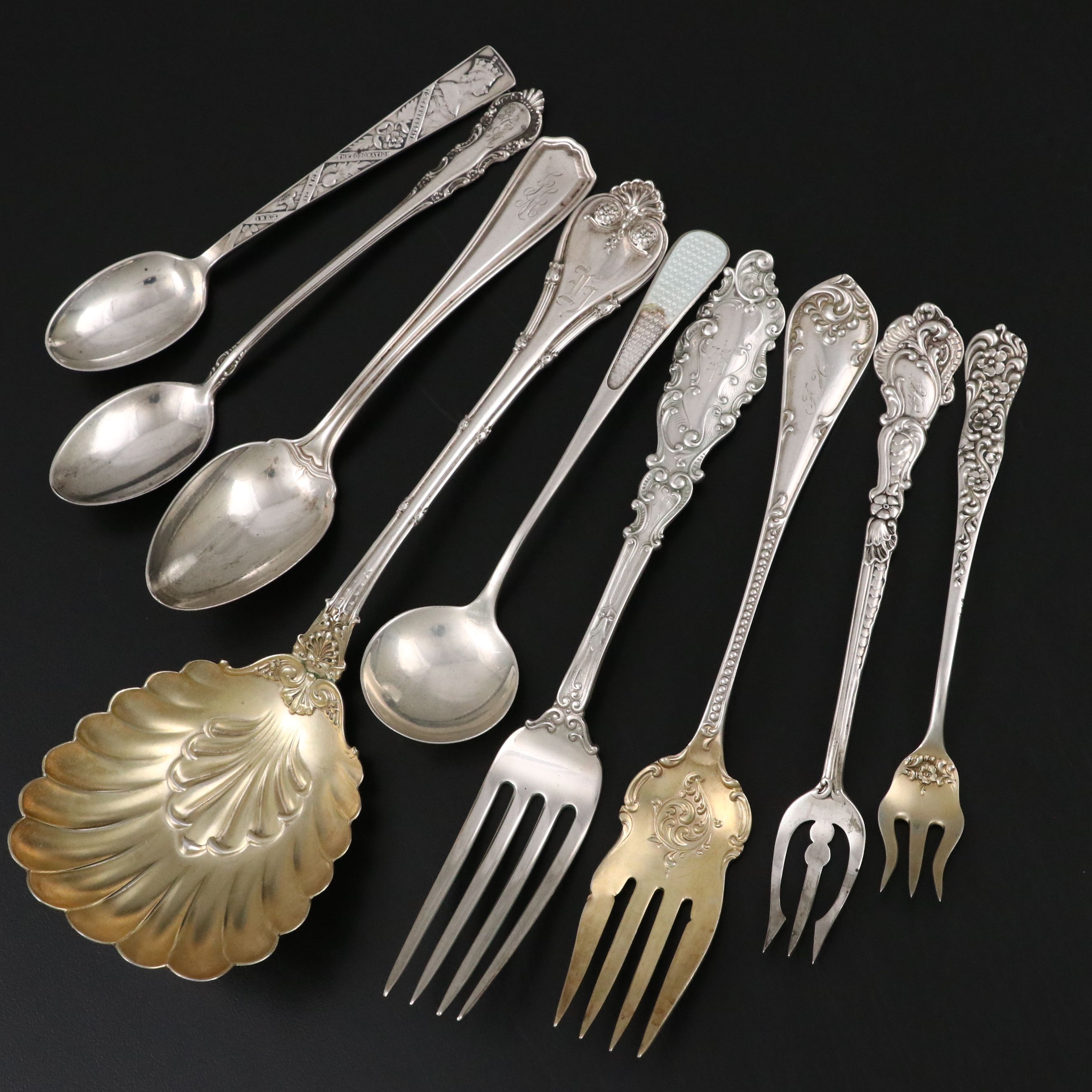 Mappin & Webb Sterling 1952 Coronation Spoon with Parcel Gilt and Other Utensils