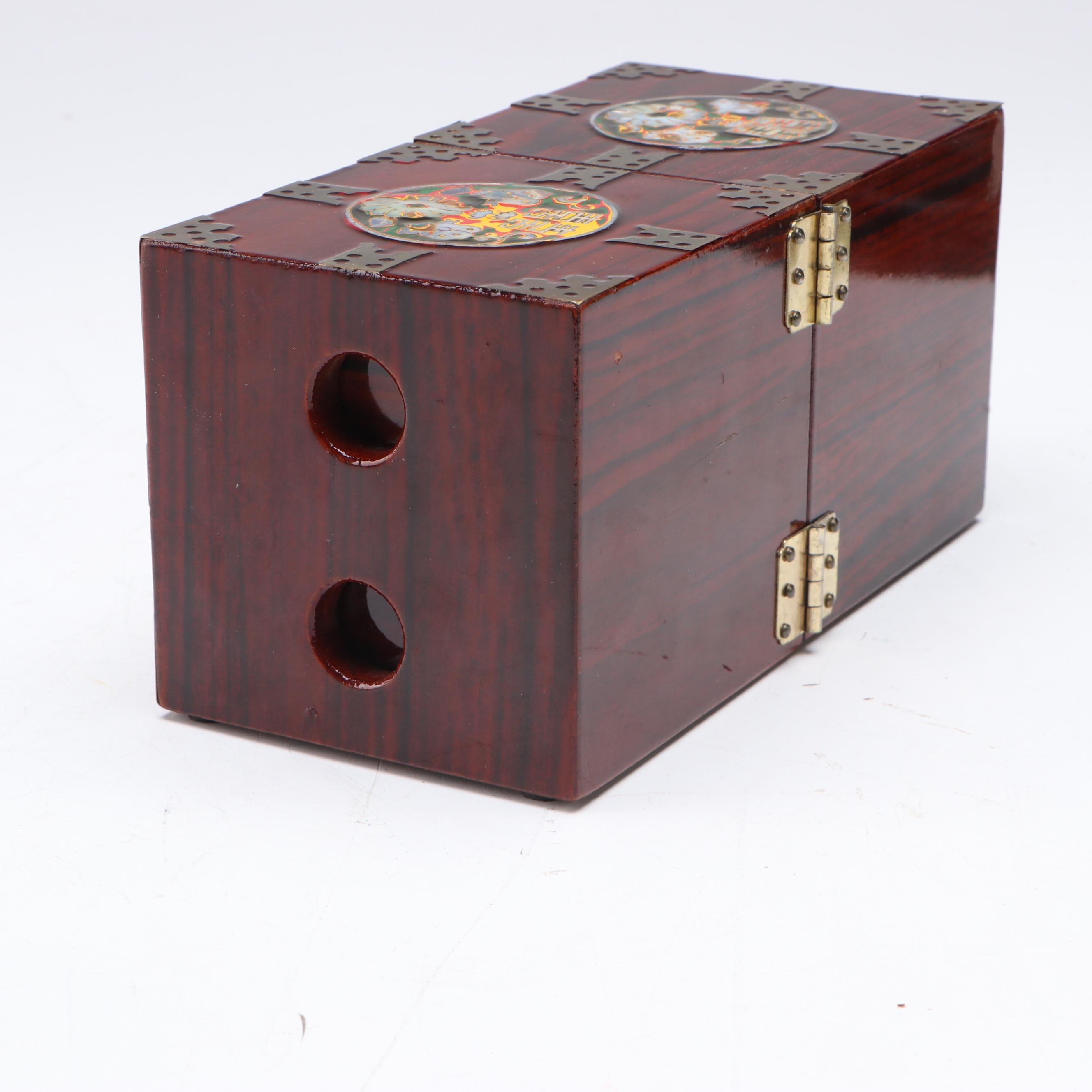 Chuckmuck Pouch and Japanese Moriage Porcelain Vase, Abalone Inlay Box