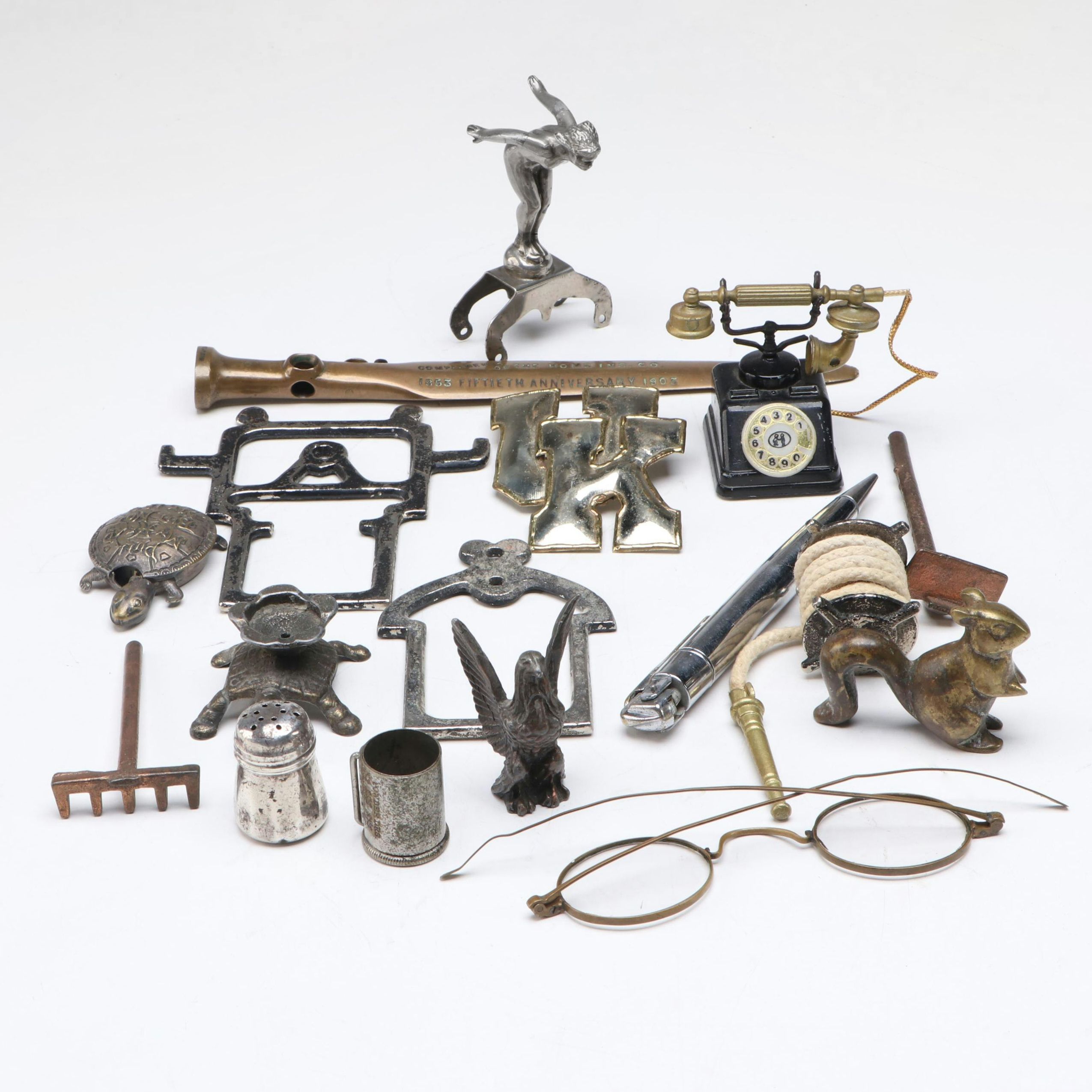 Sterling Silver Salt Shaker with More Metal Miniatures, Pinbacks, and Tools