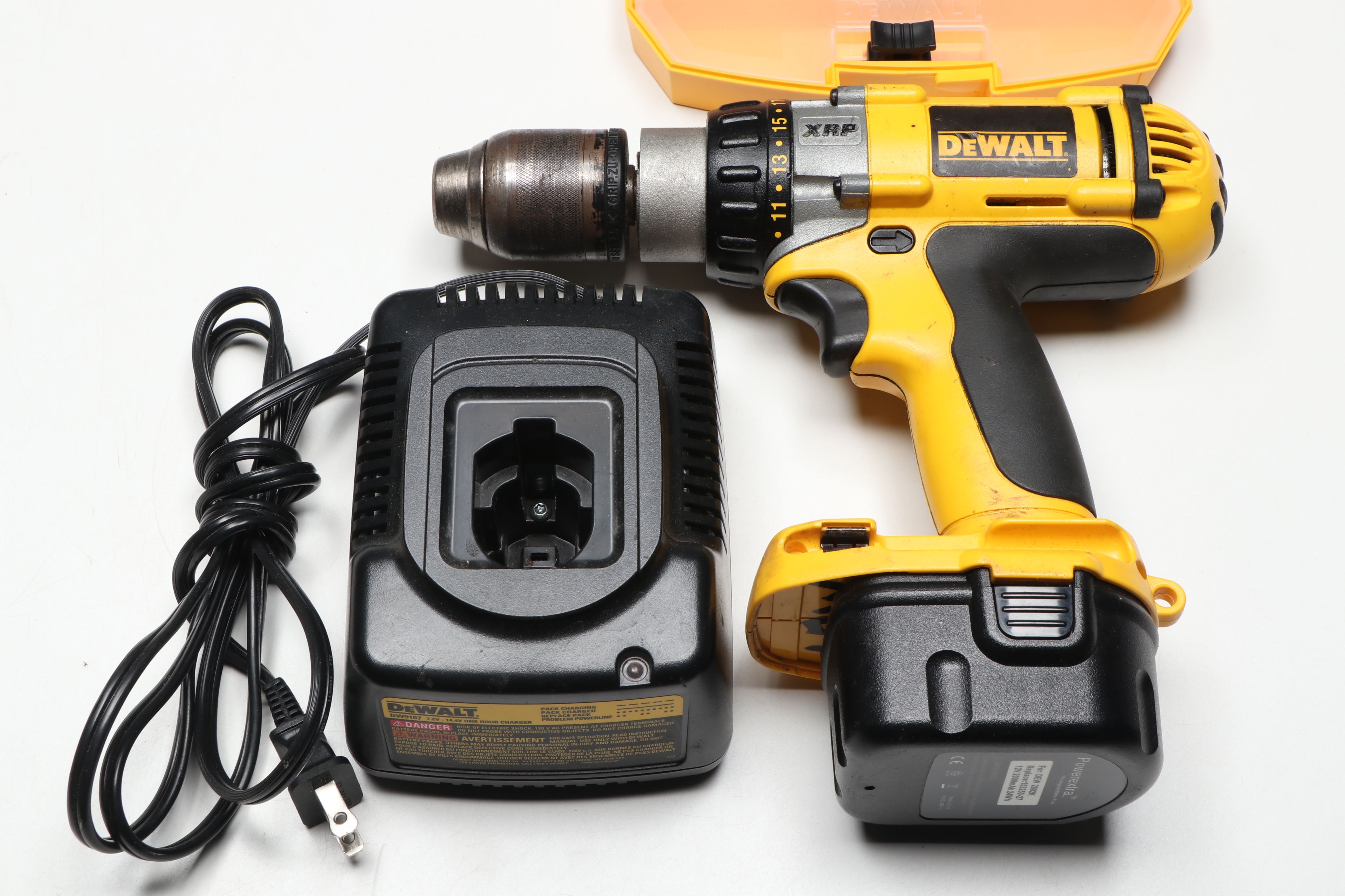 DeWalt DC983 Cordless Drill with Various Drill Bits and Storage Containers