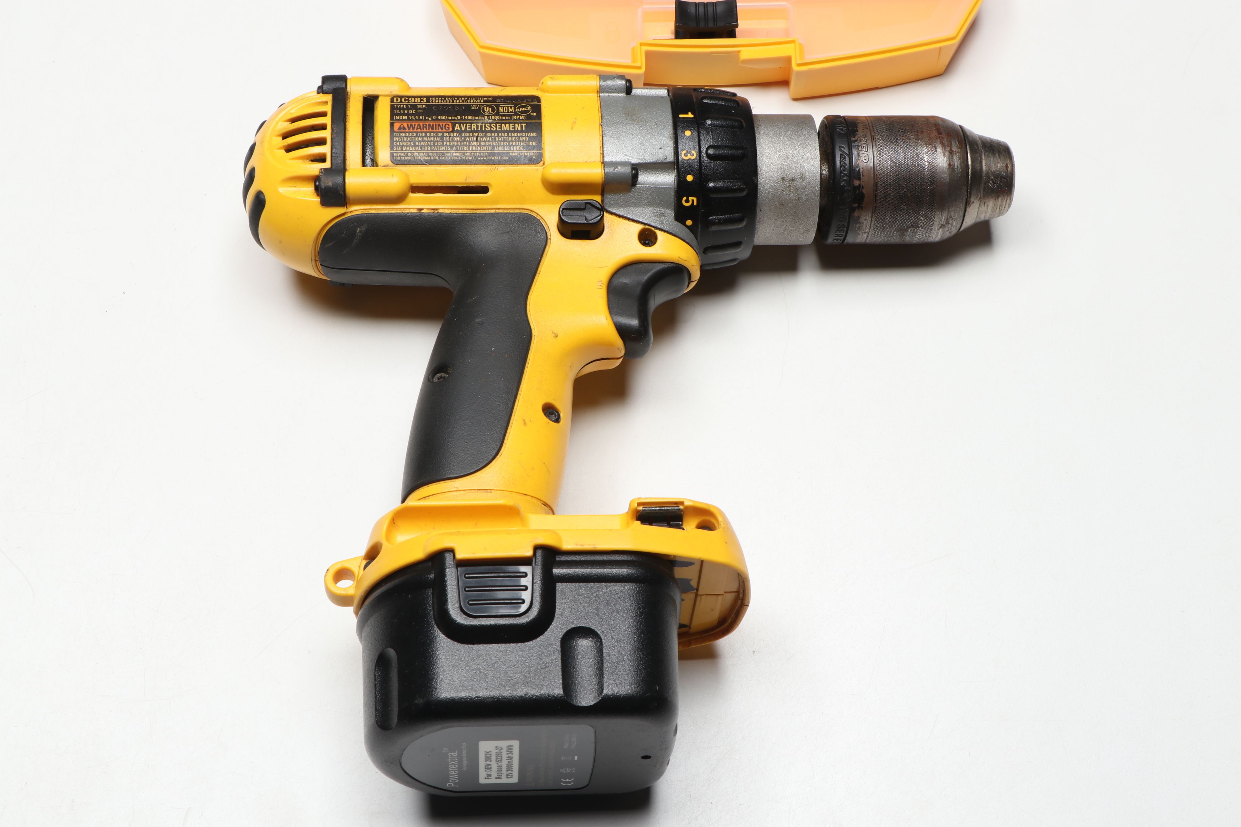 DeWalt DC983 Cordless Drill with Various Drill Bits and Storage Containers