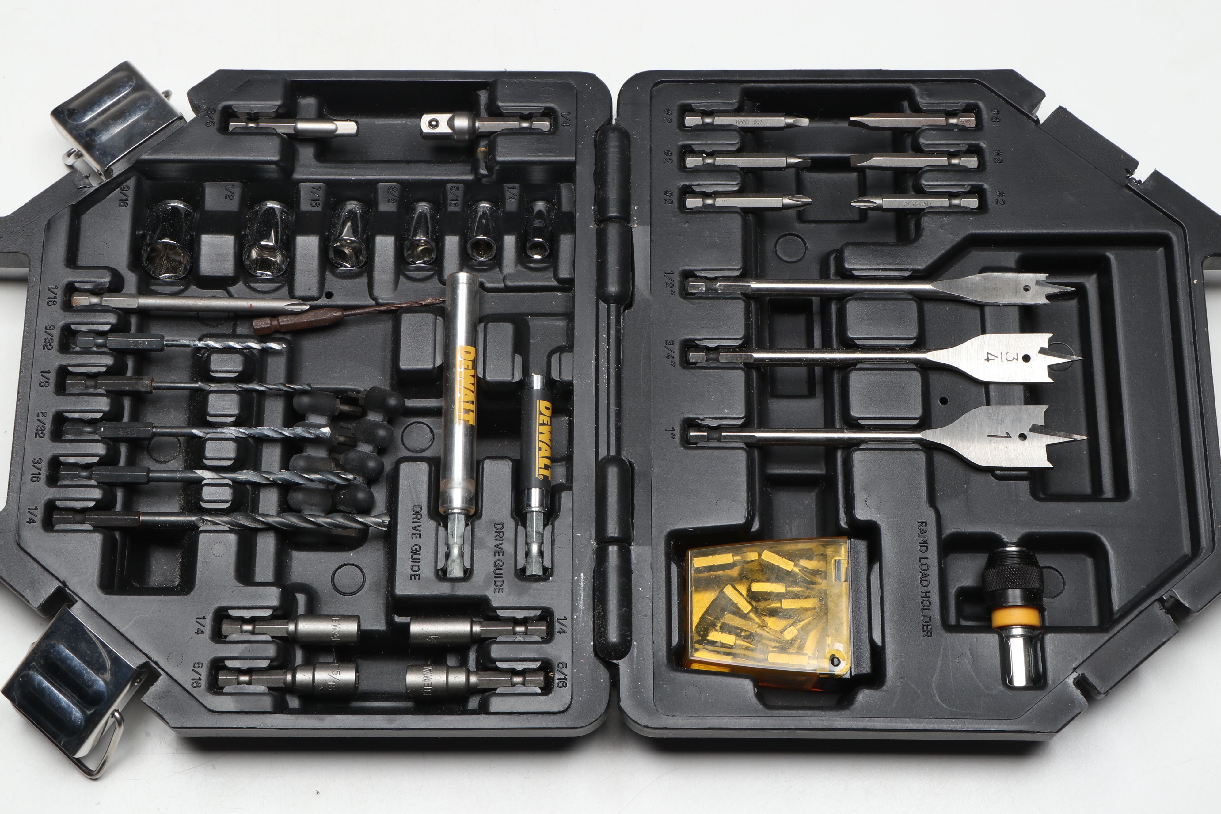 DeWalt DC983 Cordless Drill with Various Drill Bits and Storage Containers