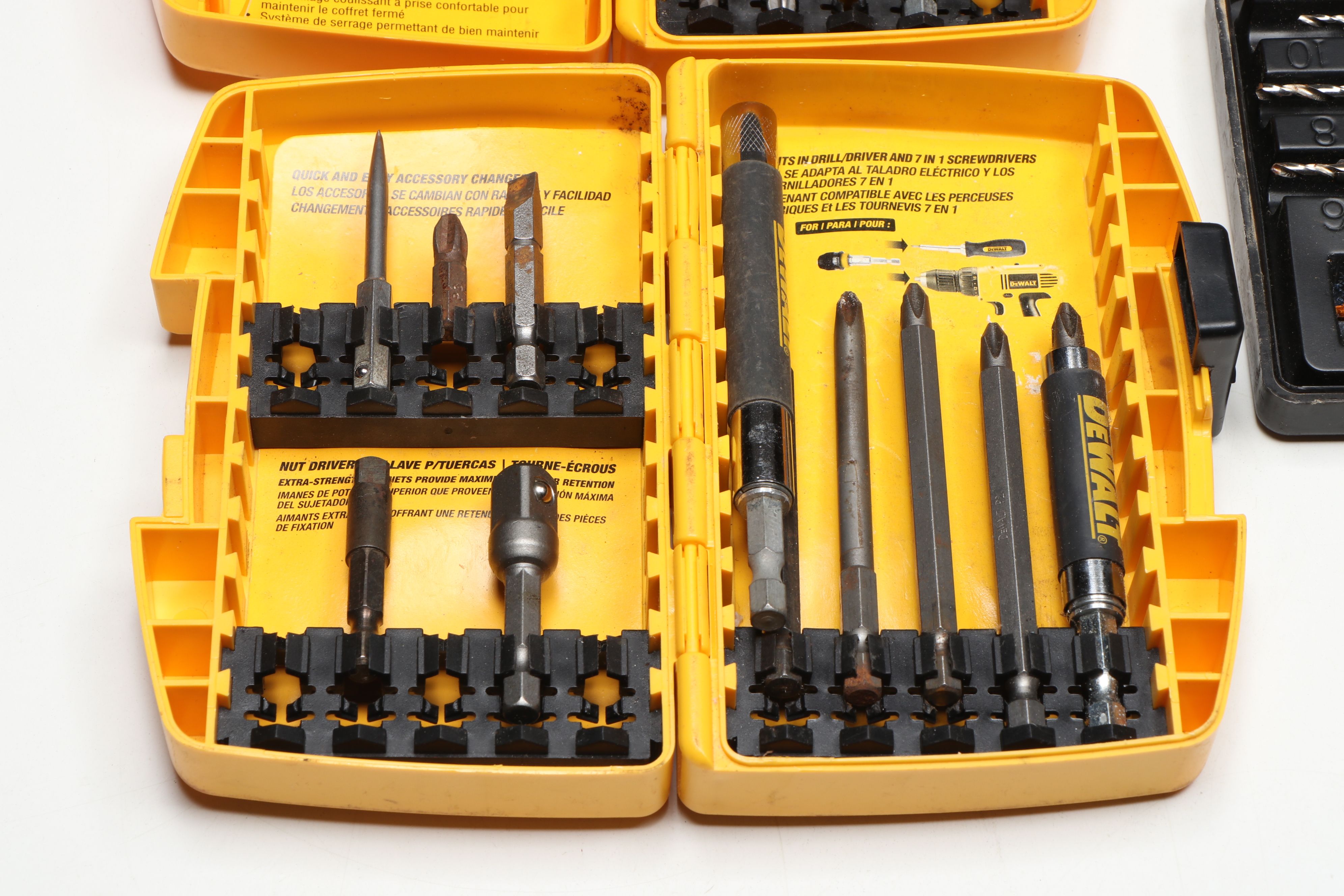 DeWalt DC983 Cordless Drill with Various Drill Bits and Storage Containers