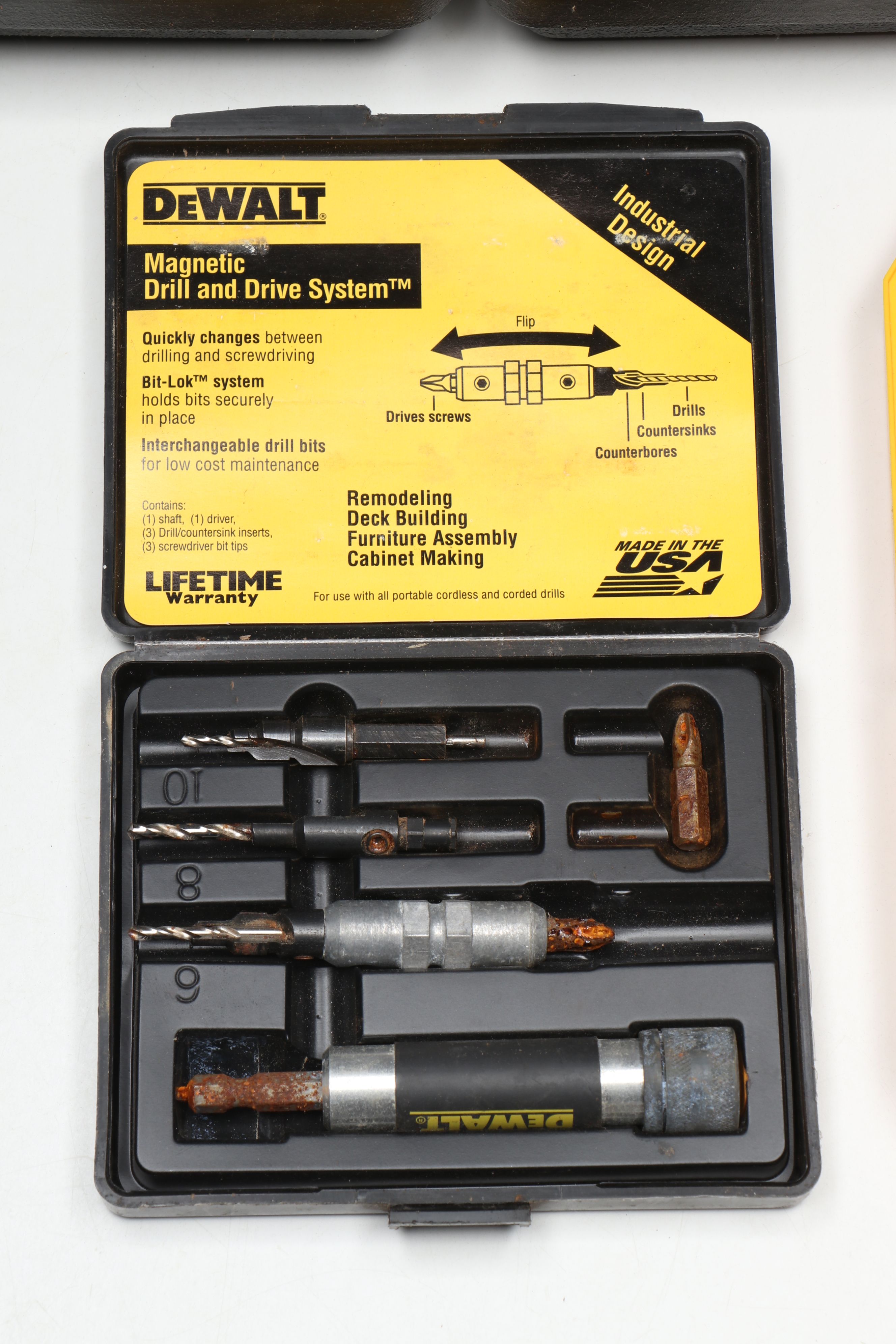 DeWalt DC983 Cordless Drill with Various Drill Bits and Storage Containers