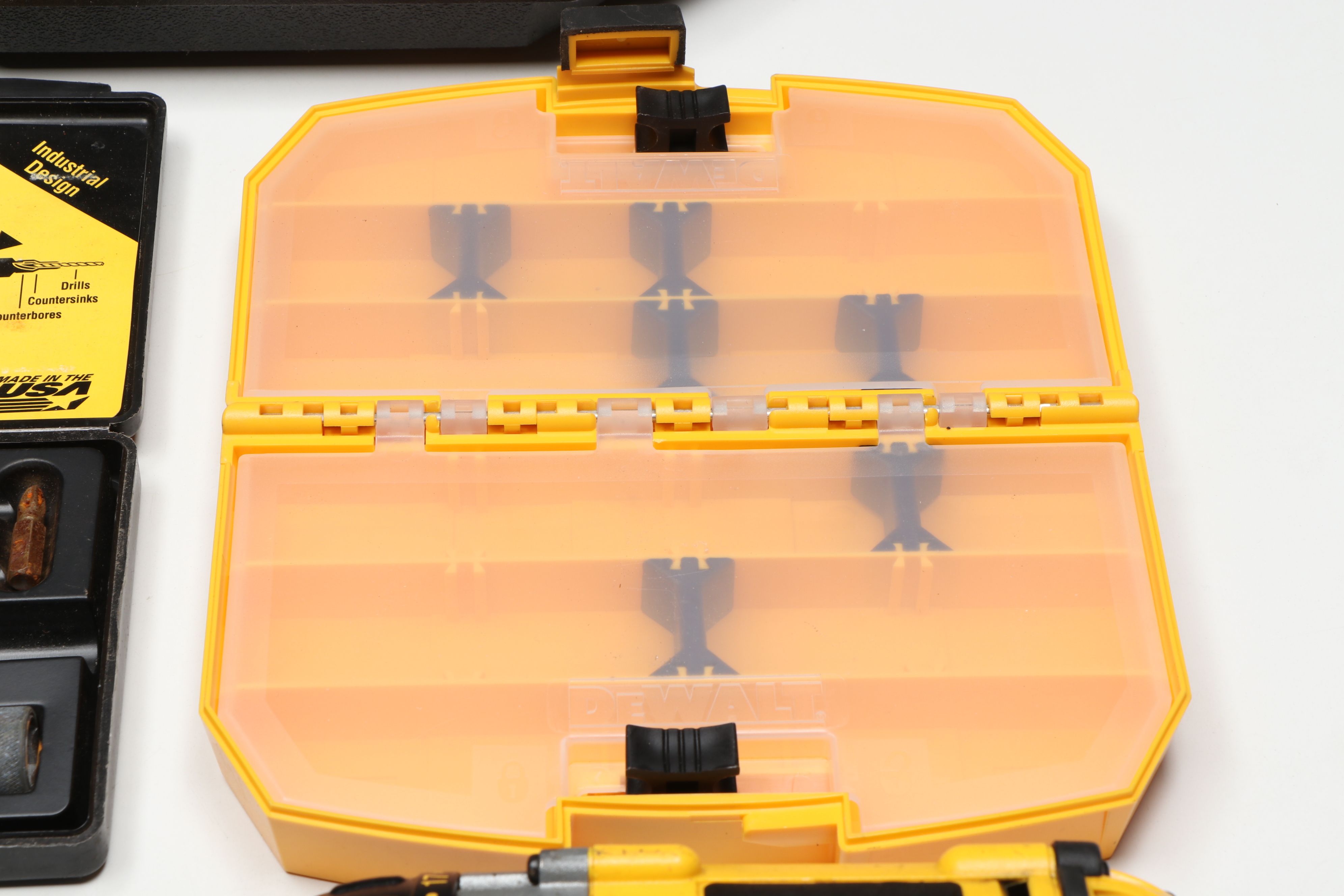 DeWalt DC983 Cordless Drill with Various Drill Bits and Storage Containers