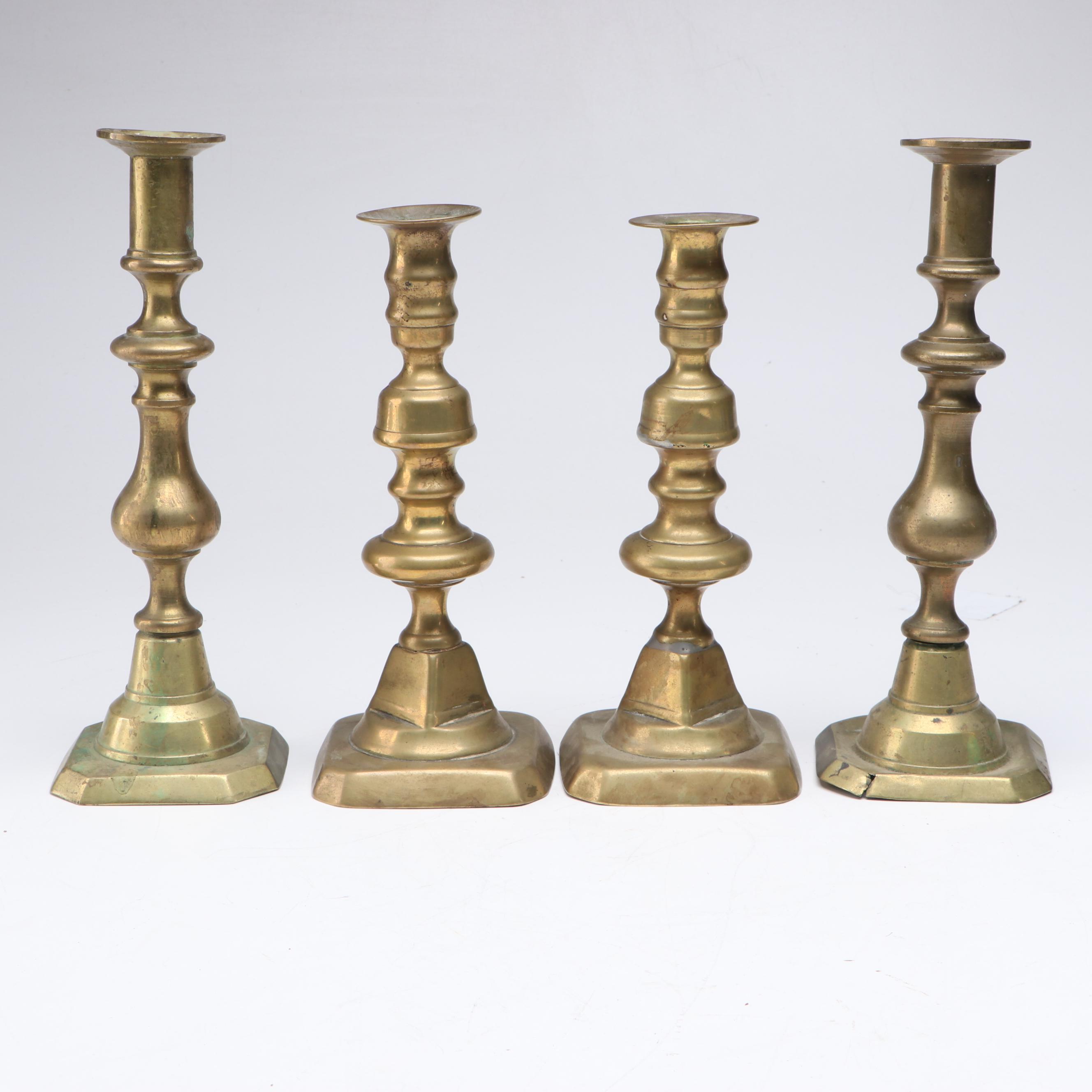 English Brass Candlestick Pairs with Push-ups, Antique
