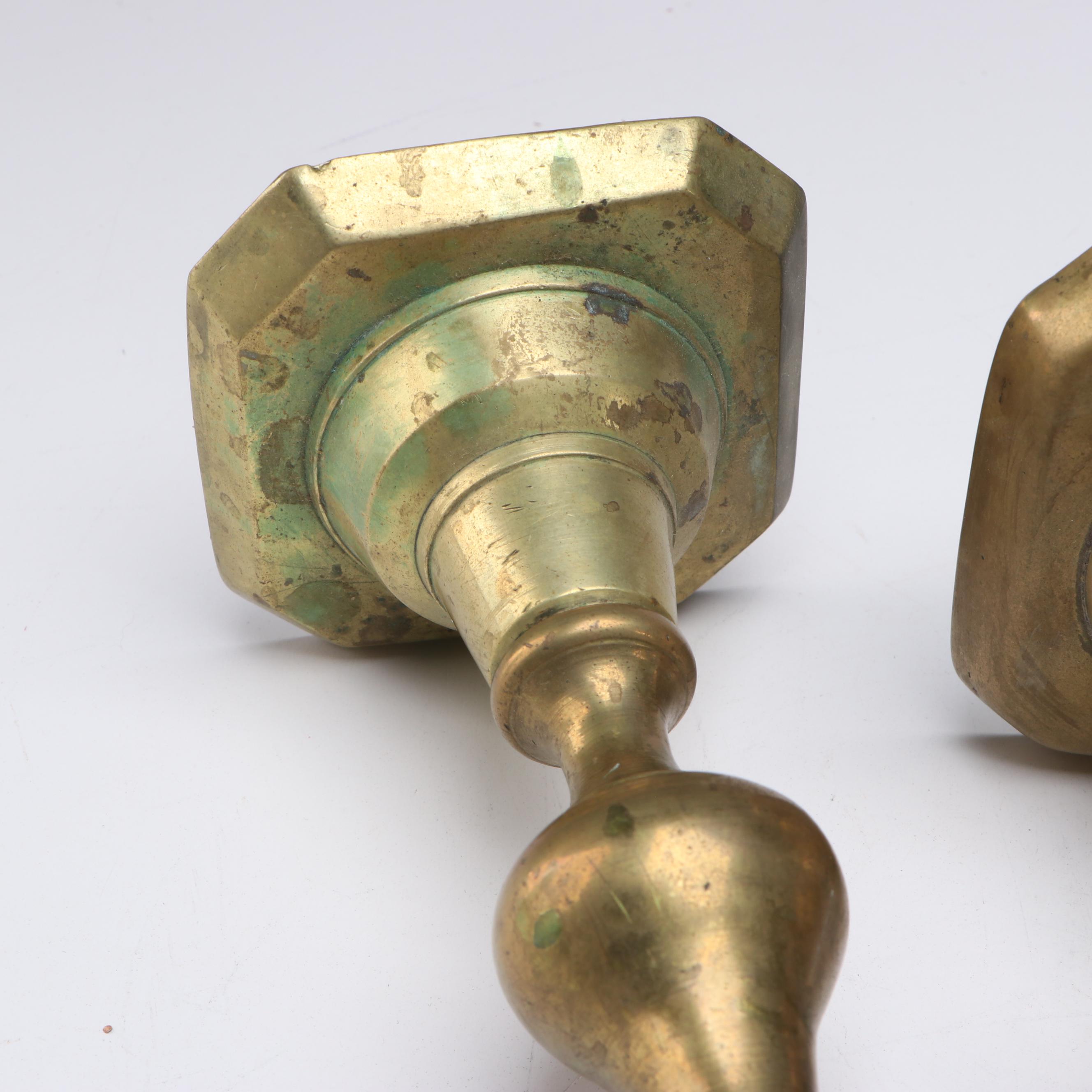 English Brass Candlestick Pairs with Push-ups, Antique