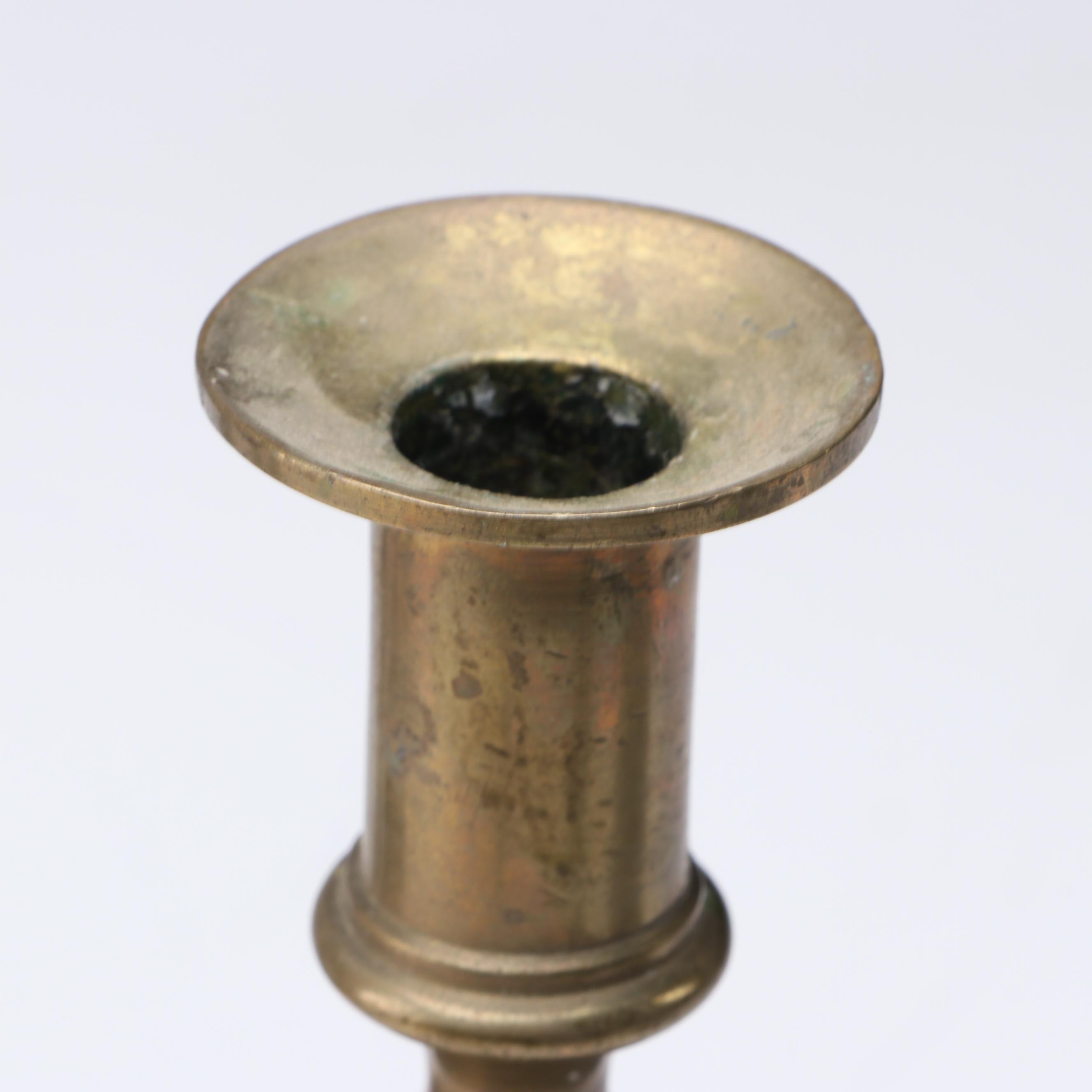 English Brass Candlestick Pairs with Push-ups, Antique